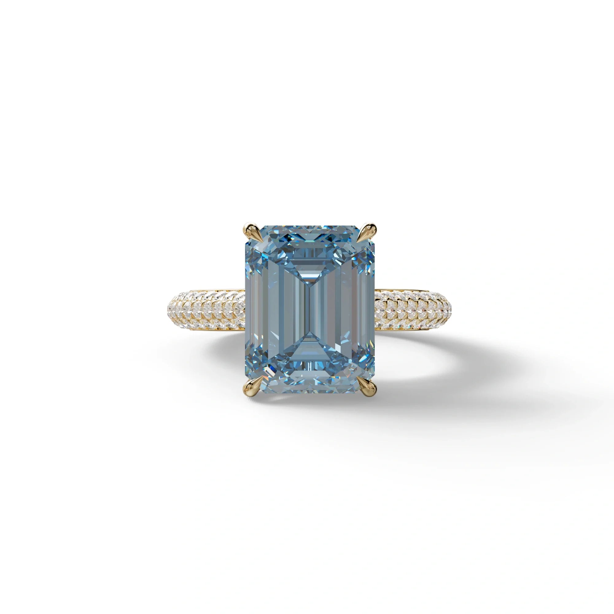 3 Carat Blue Emerald Cut Hidden Halo & Pave Set Lab Diamond Ring - Emme - 10K Solid Gold / Yellow Gold