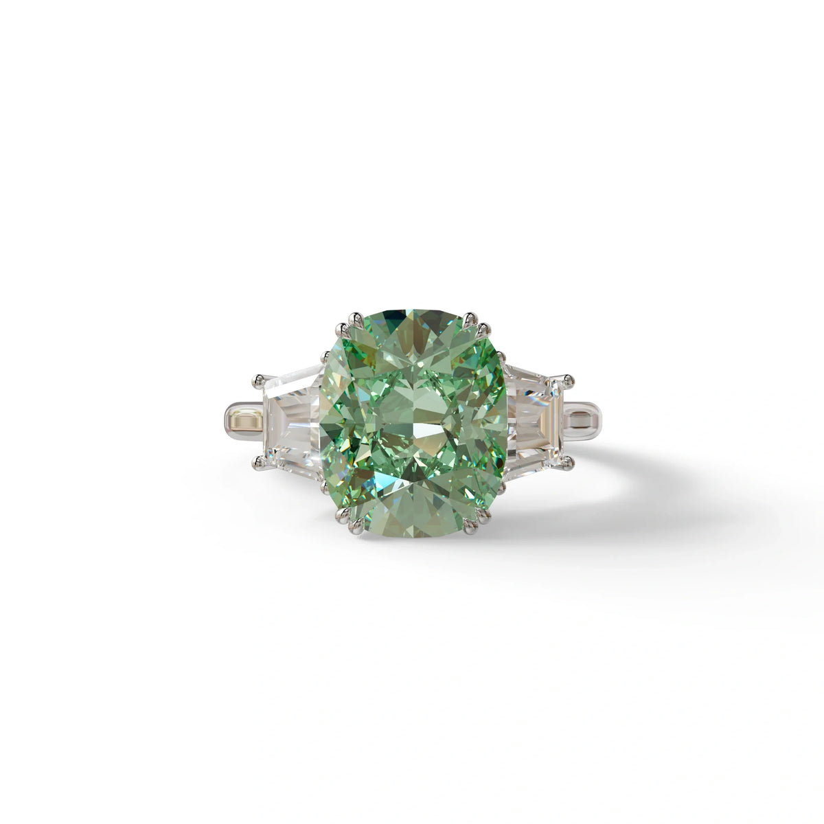 3.5 Carat Green Lab Grown Diamond Engagement Ring · Cushion Cut Three Stone | Trilogy - view 1