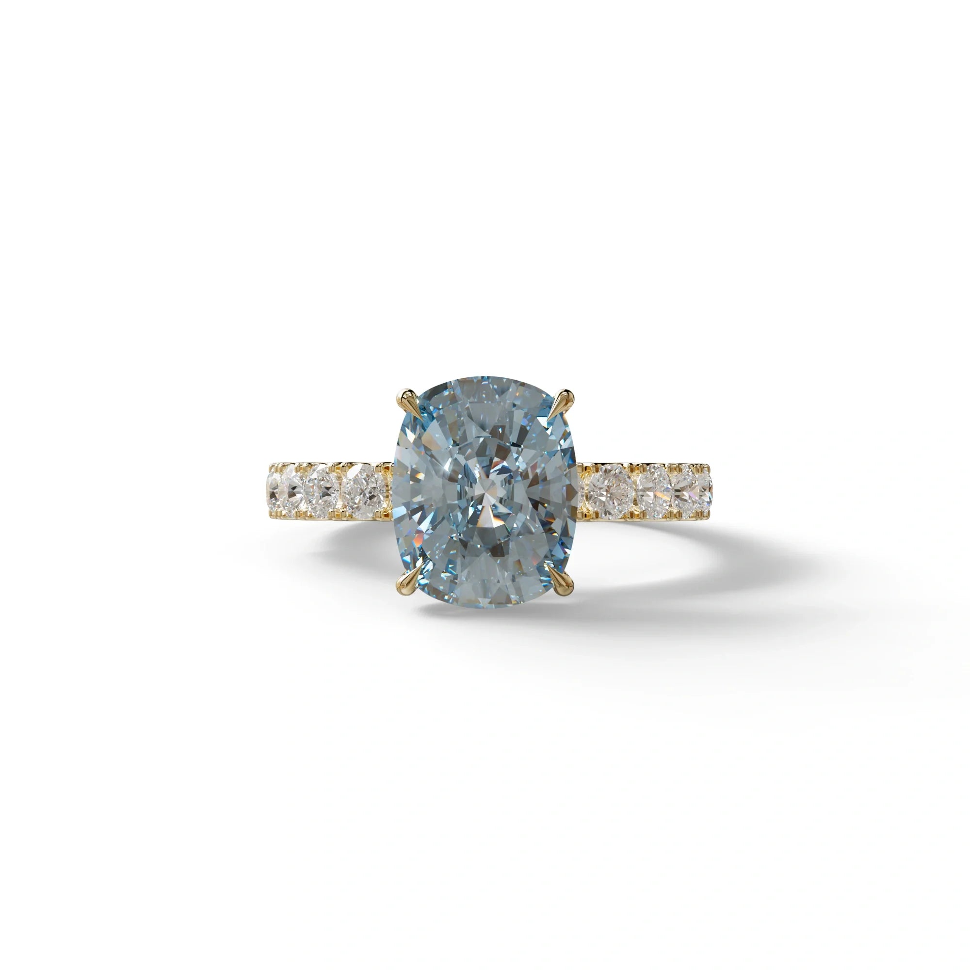 4 Carat Blue Cushion Cut Hidden Halo Eternity Lab Diamond Engagement Ring - Sandrine - 10K Solid Gold / Yellow Gold