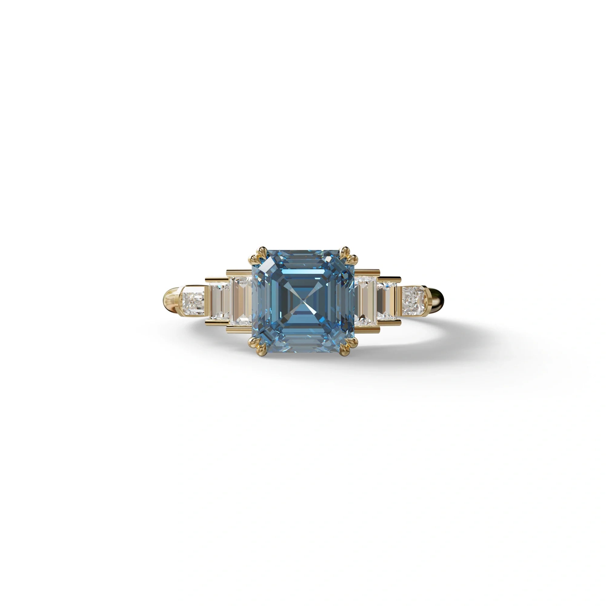 3 Carat Fancy Vivid Blue Asscher Three Stone Lab grown Diamond Ring - Vetra - 10K Solid Gold / Yellow Gold