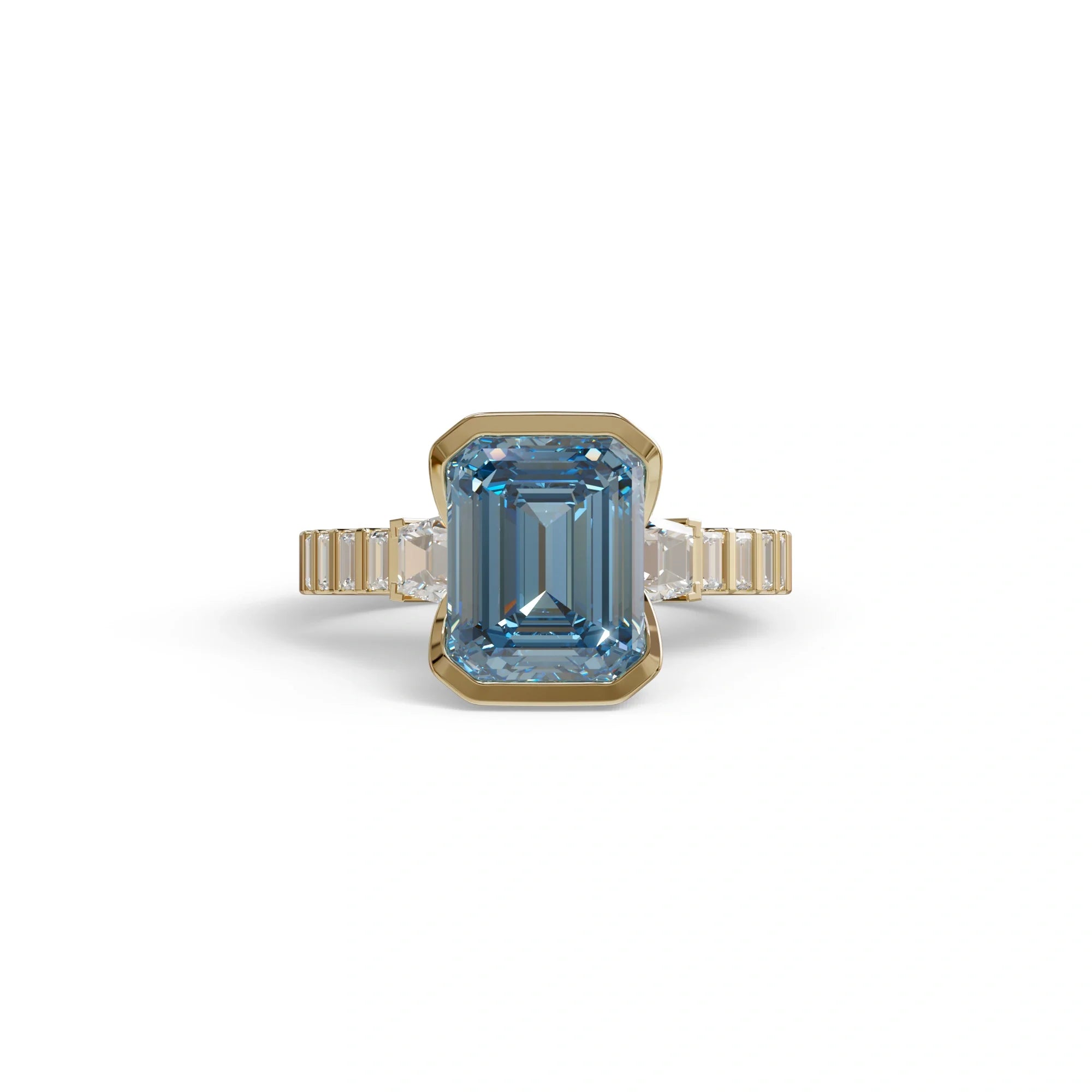 3 Carat Blue Color Emerald Cut Three Stone Lab Diamond Engagement Ring | Bezel Setting Ring - Gatsby - 10K Solid Gold