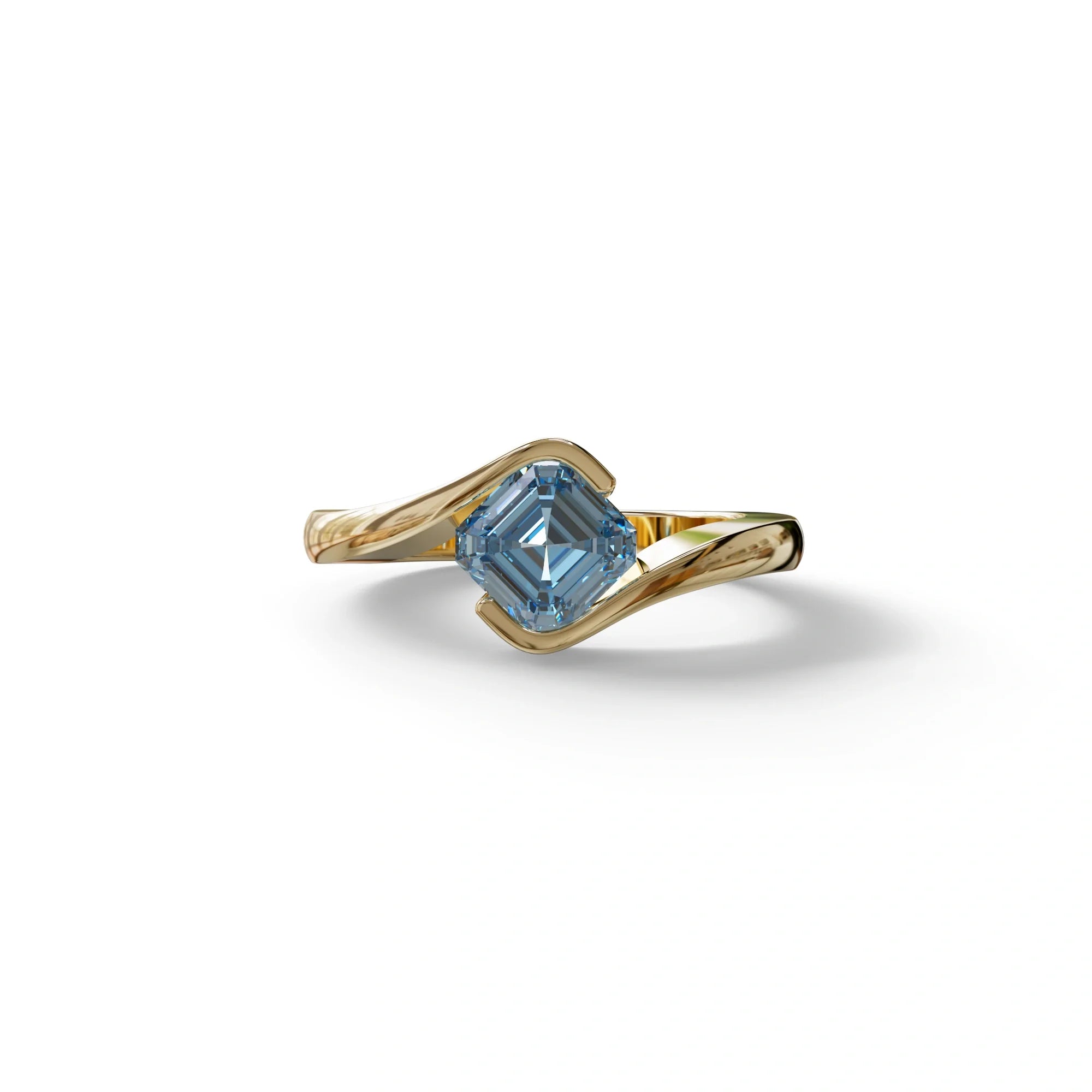 1.5 Carat Blue Asscher Cut Half Bezel Lab Grown Diamond Ring - Aquarius - 10K Solid Gold / Yellow Gold