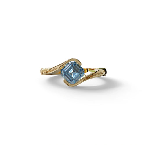 1.5 Carat Blue Asscher Cut Half Bezel Lab Grown Diamond Ring - Aquarius - 10K Solid Gold / Yellow Gold