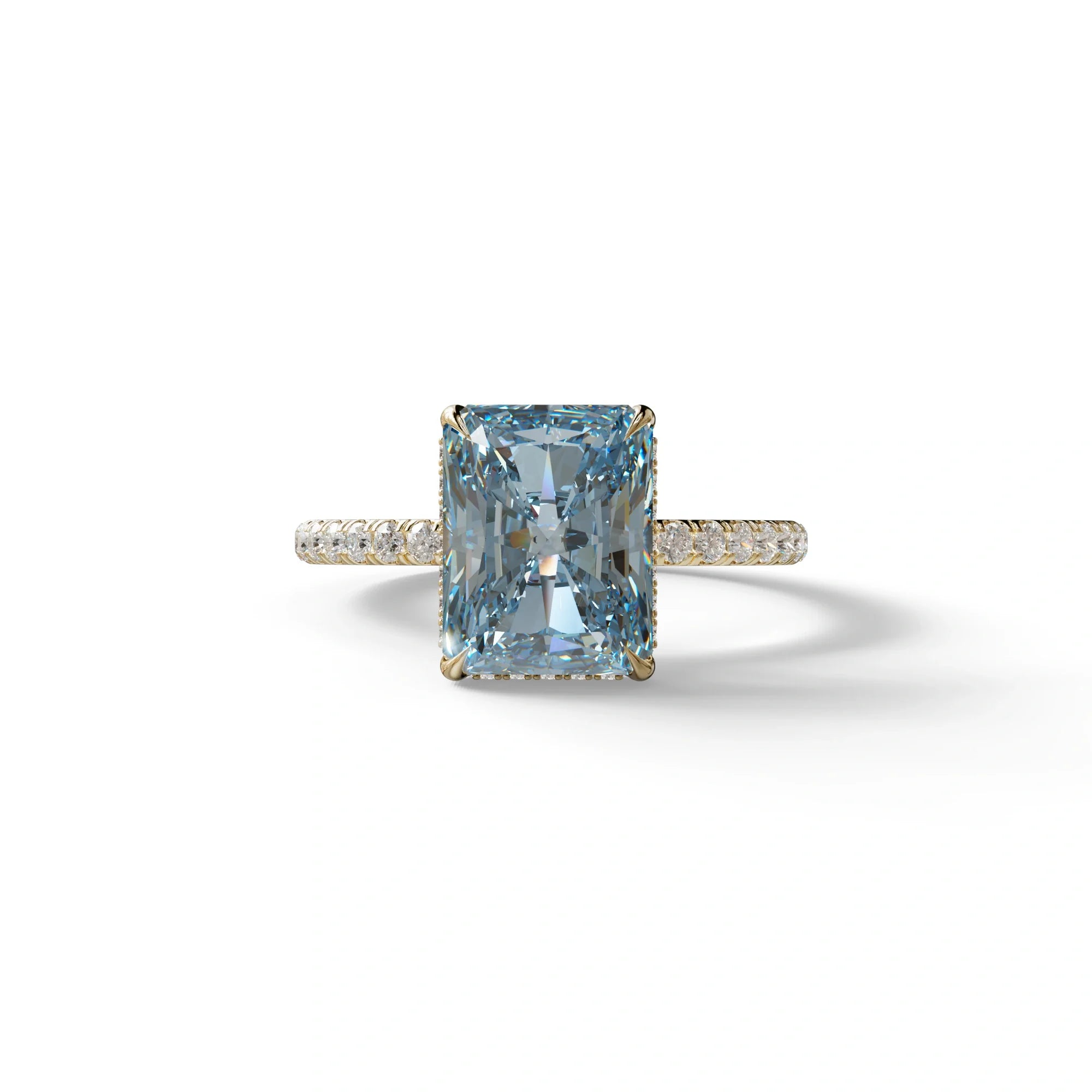 3 Ct Radiant Cut Blue Color Lab Diamond Ring - Monica - 10K Solid Gold / Yellow Gold