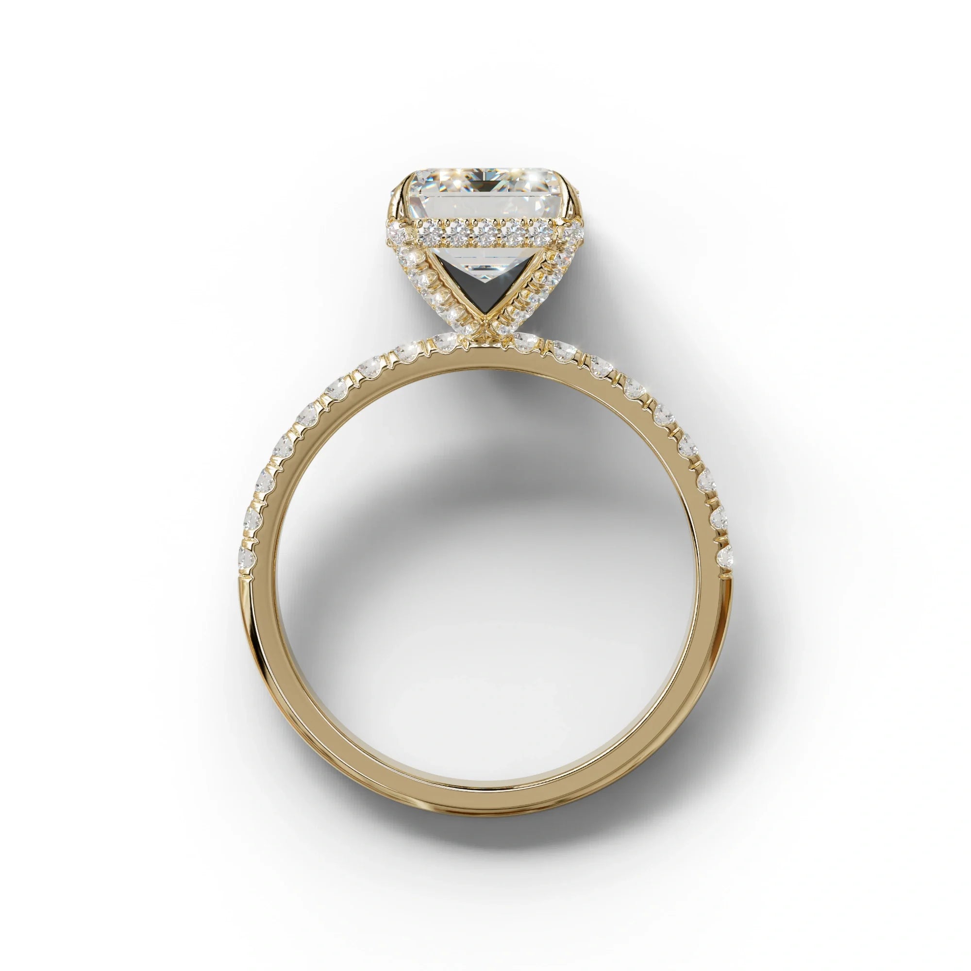 3 Carat E-VVS Emerald Cut Lab Diamond In Hidden Halo & Pave Setting Ring