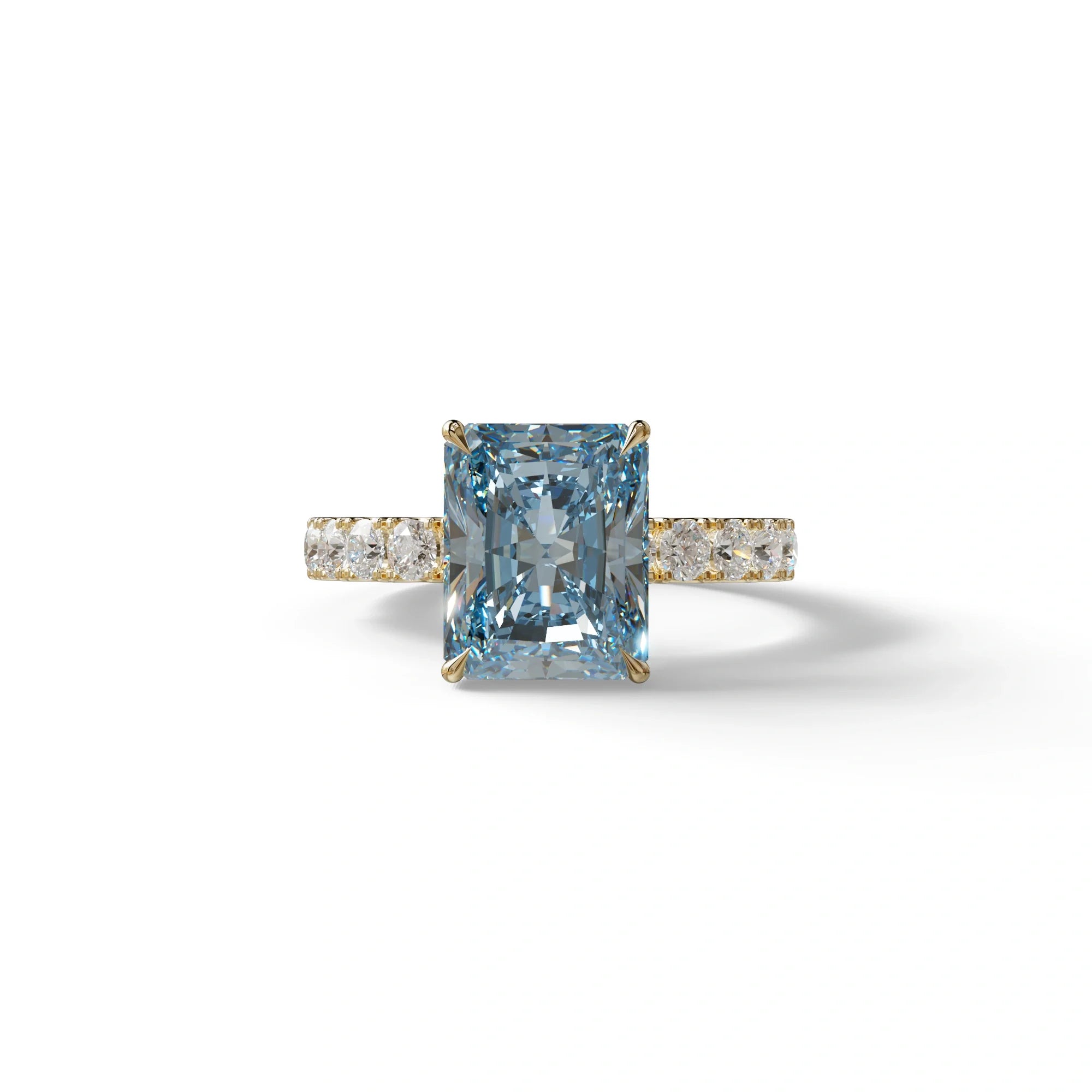 3 Carat Blue Radiant Cut Lab Diamond Engagement Ring - Lace Bridge - 10K Solid Gold / Yellow Gold
