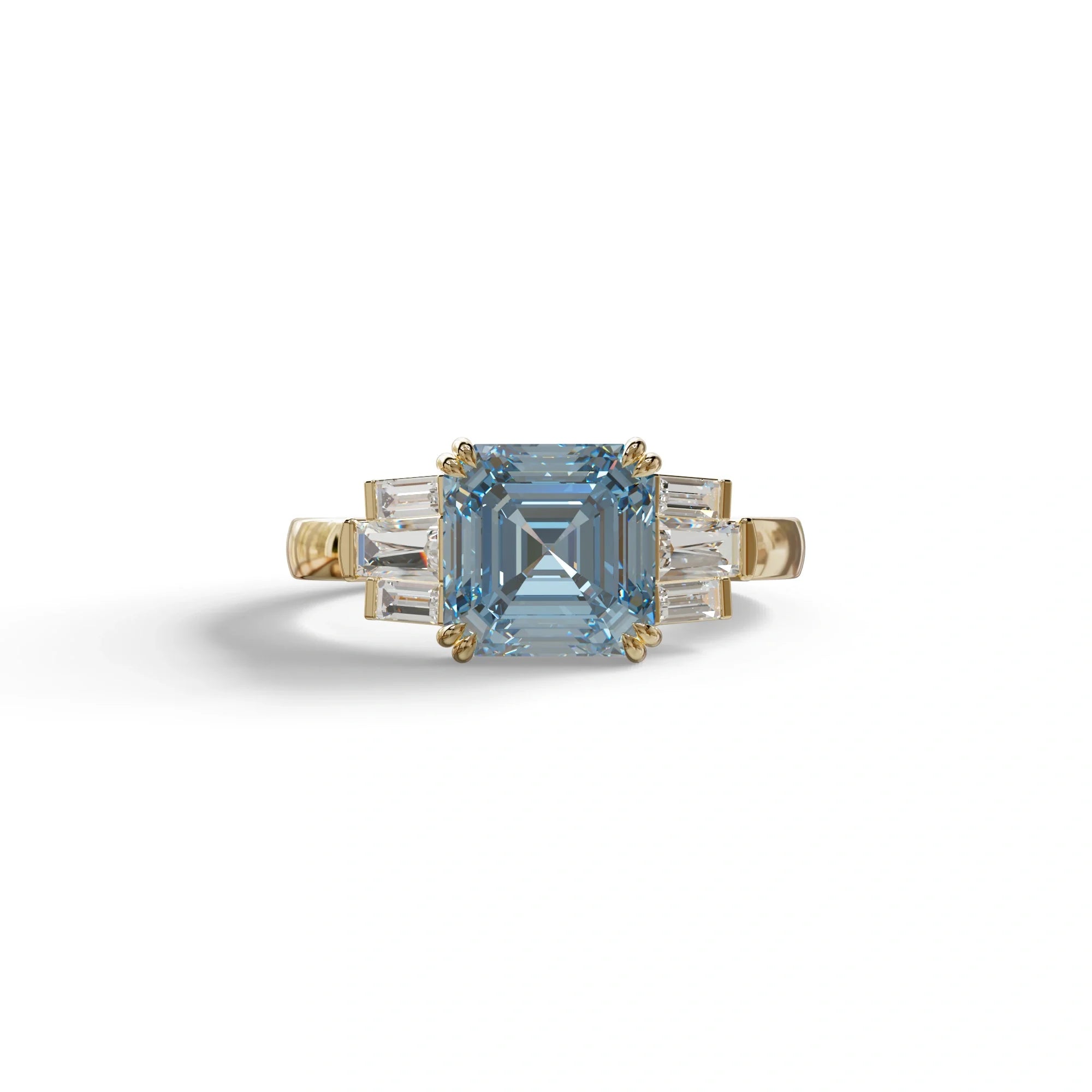 3 Ct Blue Asscher Cut Lab Diamond Double Claw Prong Setting Ring - Celestial - 10K Solid Gold / Yellow Gold