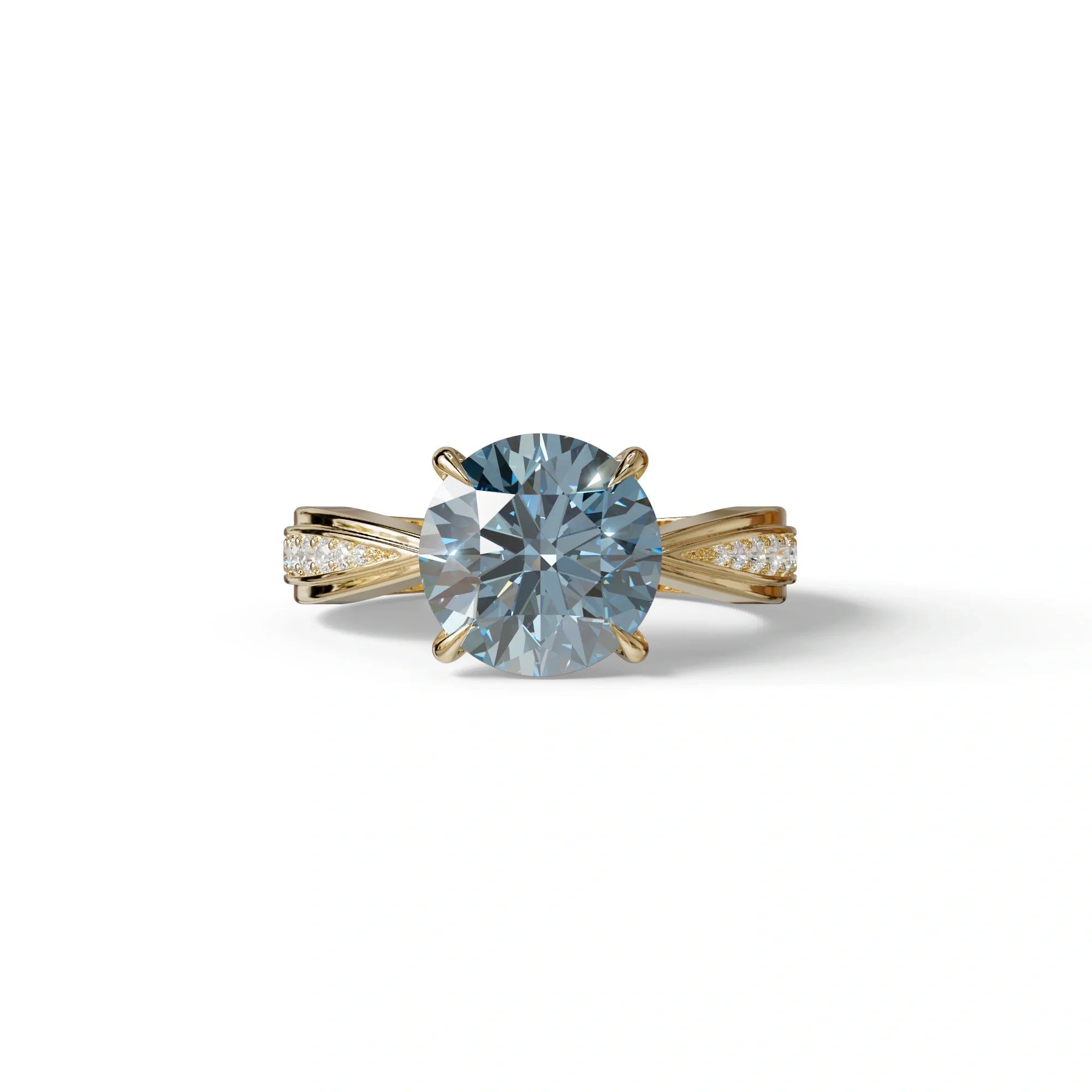 2.5 Carat Blue Round Shaped Lab Diamond Ring V-Shank Pave Setting -Je t’adore - 10K Solid Gold / Yellow Gold