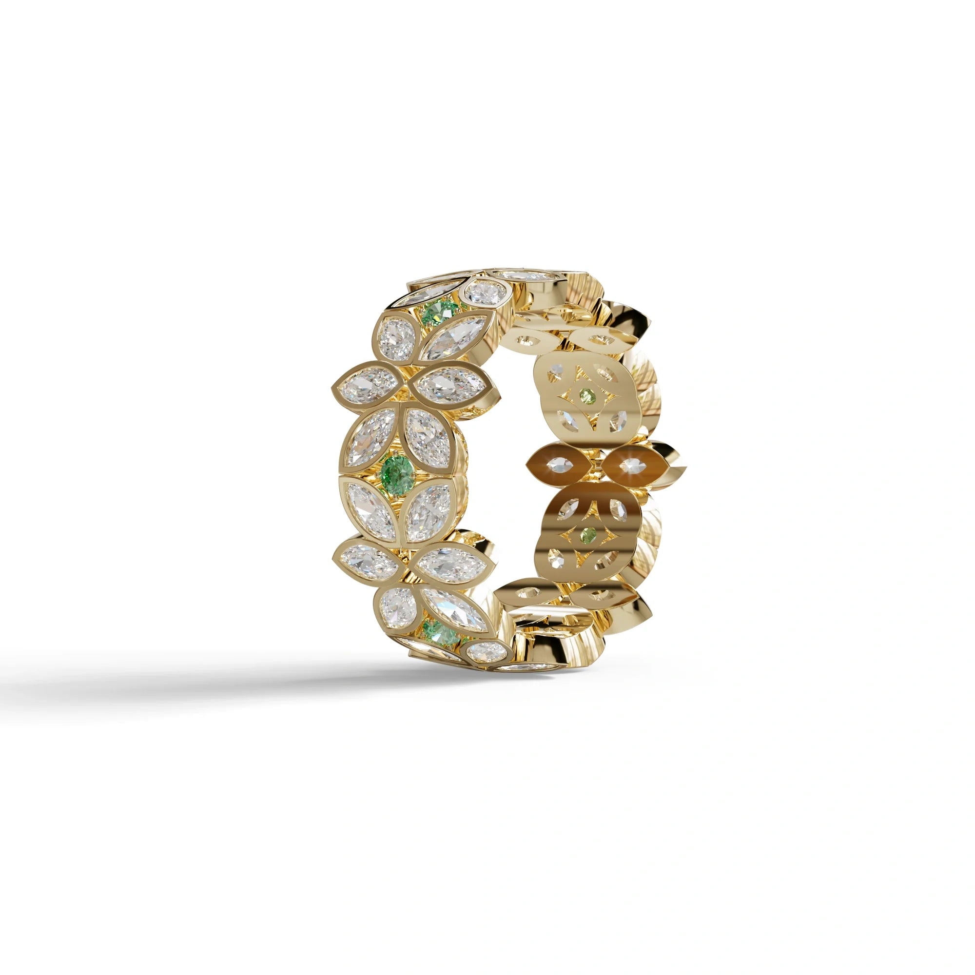 18K Gold Floral Eternity Band: Marquise Diamond & Round Diamond Full Eternity Band