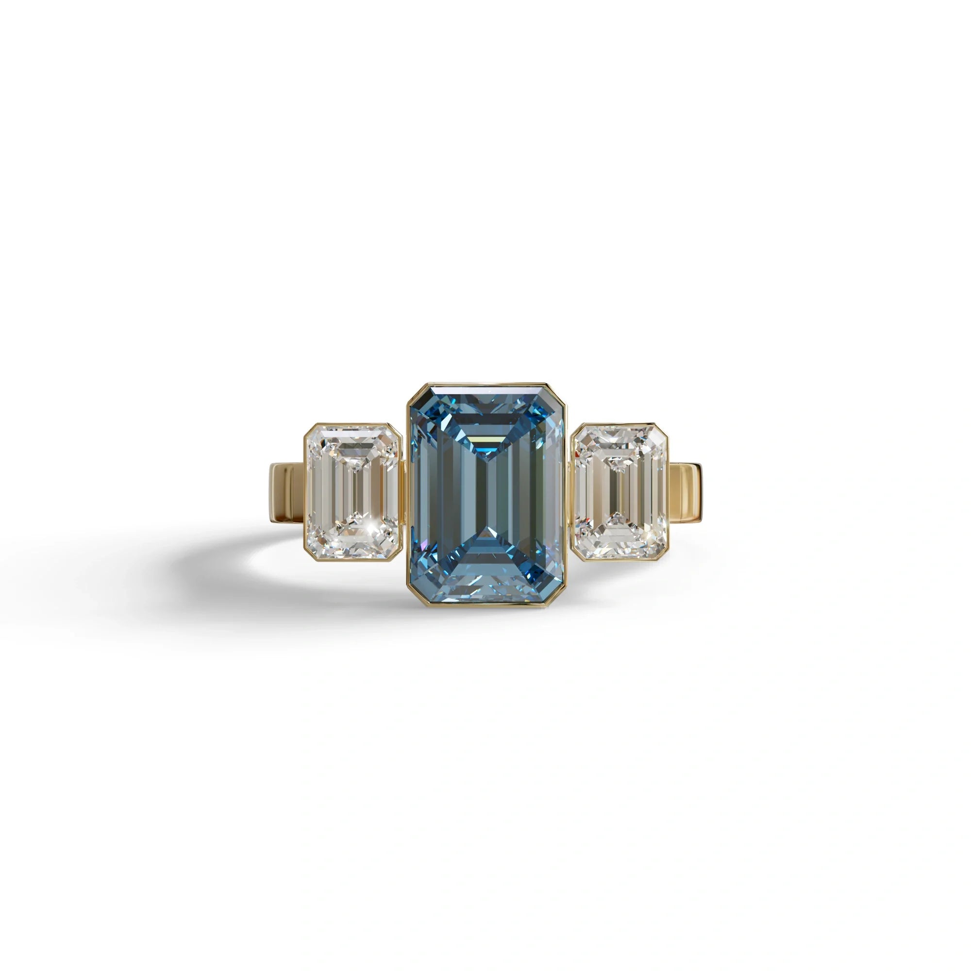 Three Stone 3 Carat Blue Lab Grown Diamond Engagement Ring - Elaris - 10K Solid Gold / Yellow Gold