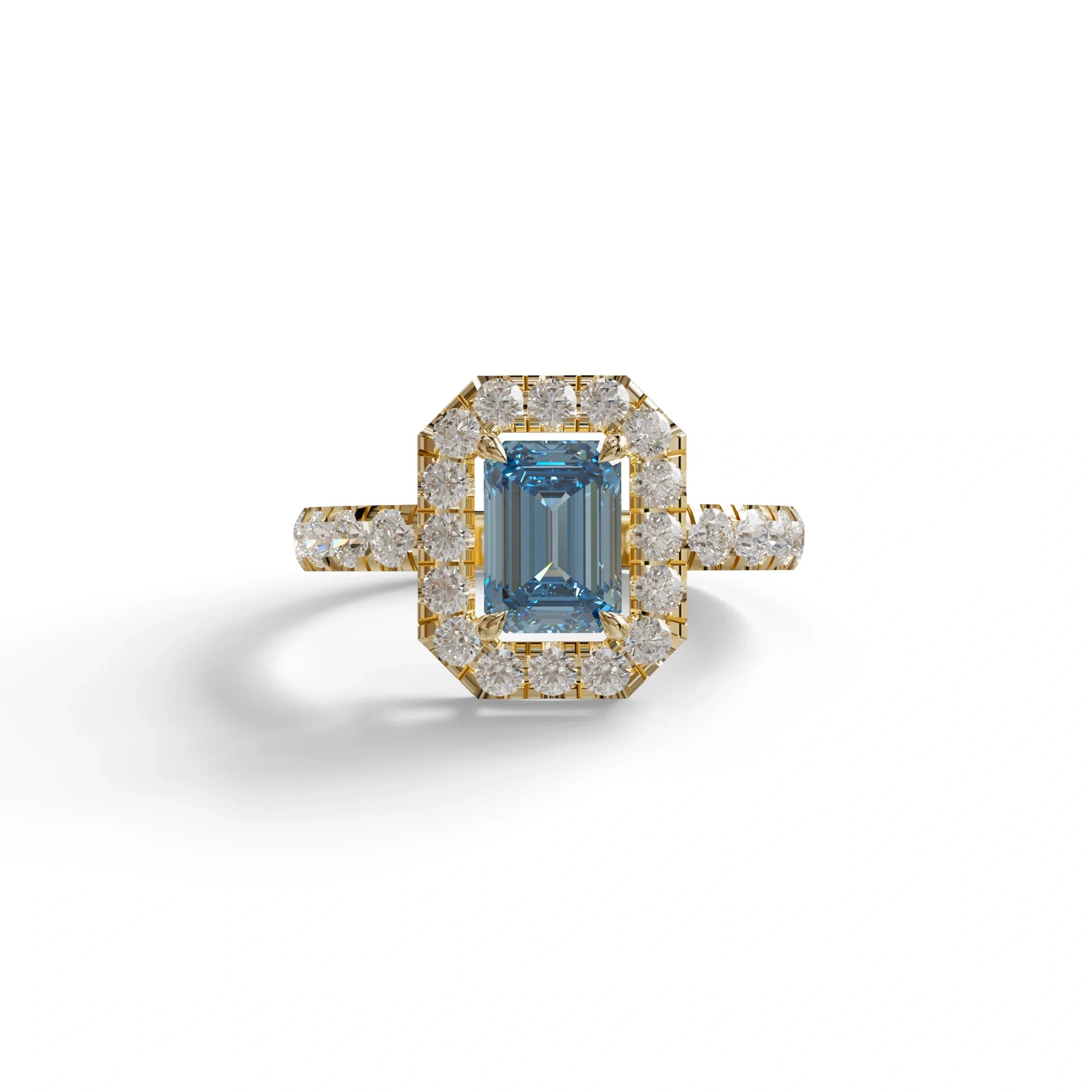 1 Carat Fancy Vivid Blue Emerald Cut Lab Diamond Halo Engagement Ring - Freesia - 10K Solid Gold / Yellow Gold