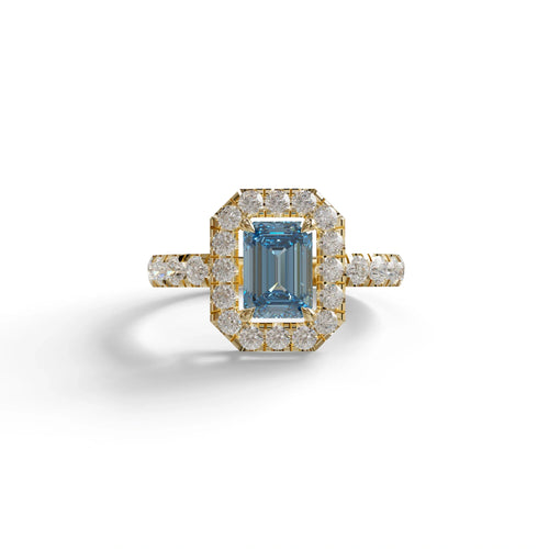 1 Carat Fancy Vivid Blue Emerald Cut Lab Diamond Halo Engagement Ring - Freesia - 10K Solid Gold / Yellow Gold