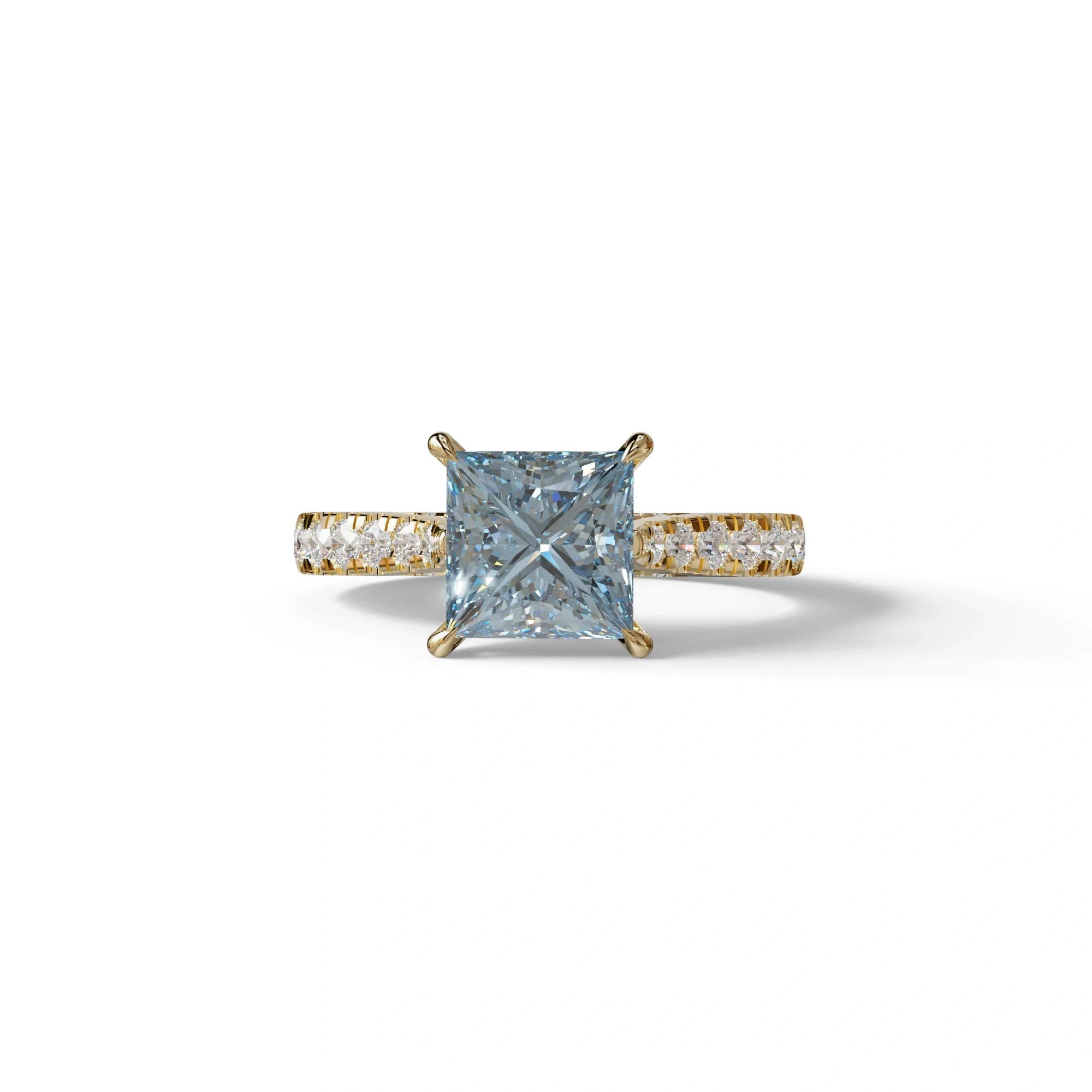 2.5 Carat Blue Princess Cut Hidden Halo & Pave Lab Diamond Ring - Aries - 10K Solid Gold / Yellow Gold