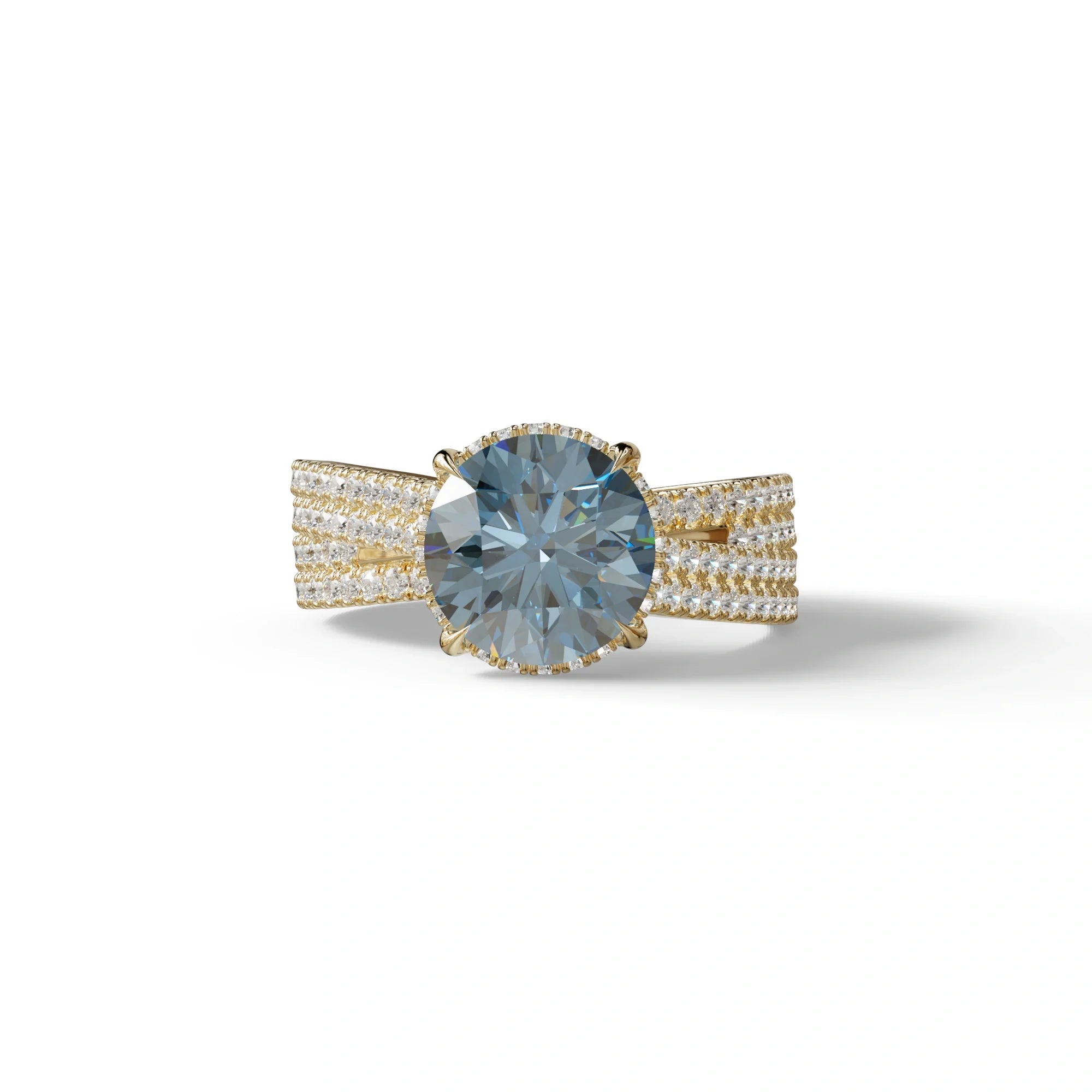 2 Carat Blue Round Cut Hidden Halo Lab & Pave Lab Diamond Ring - Je t’aime - 10K Solid Gold / Yellow Gold