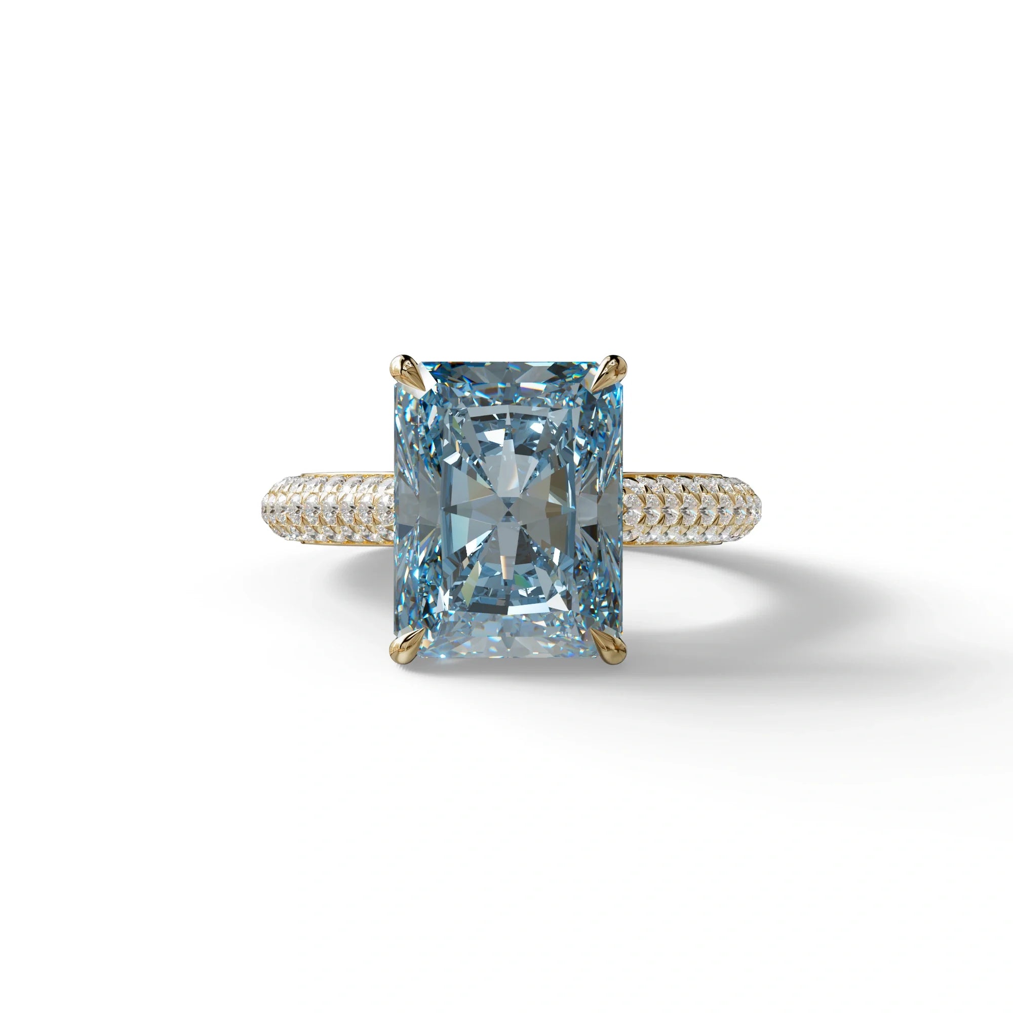 3 Carat Blue Radiant Cut Hidden Halo & Pave Set Lab Diamond Ring - Riviera - 10K Solid Gold / Yellow Gold