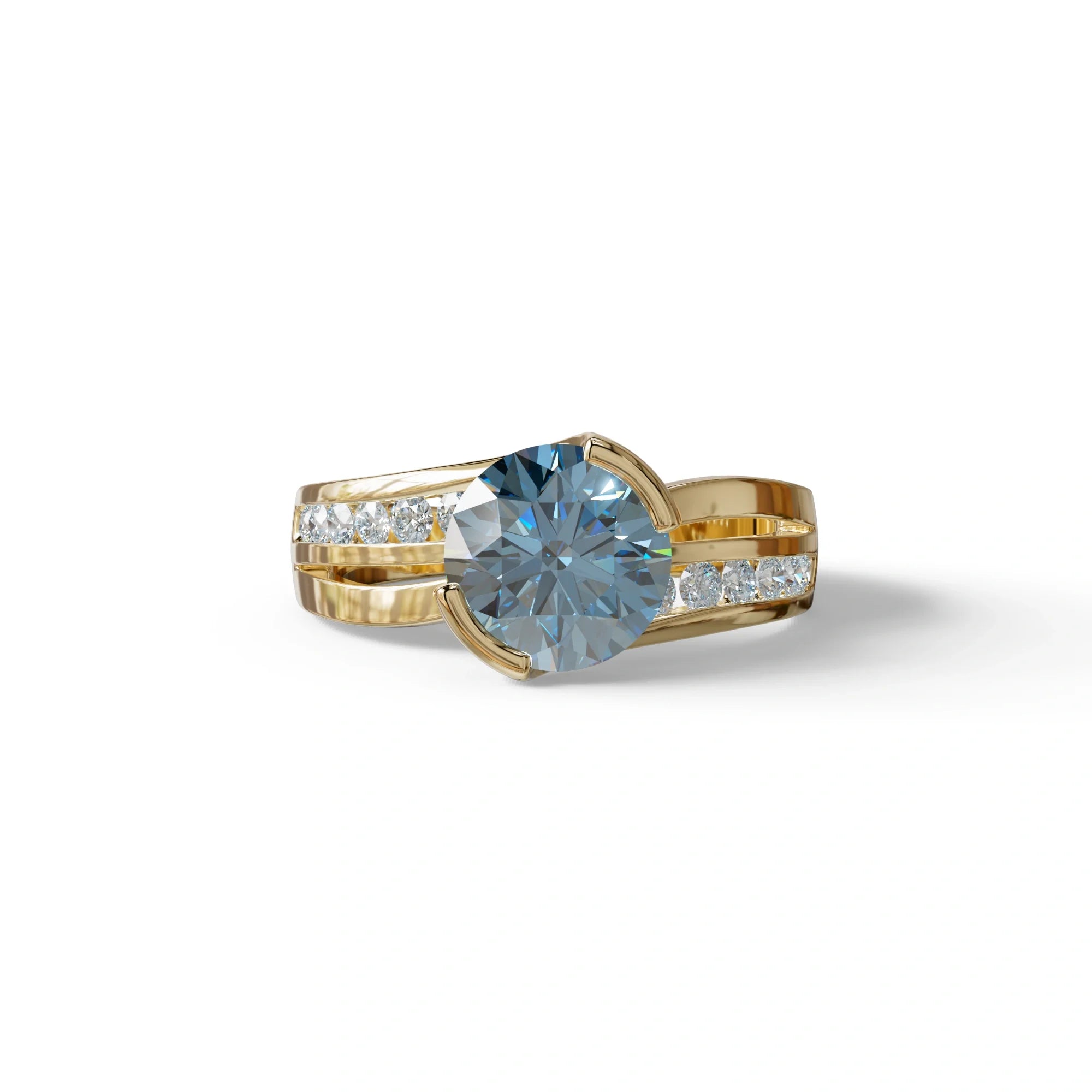 2 Carat Blue Round Shaped Channel Set Lab Diamond Engagement Ring - Avonlea - 10K Solid Gold / Yellow Gold
