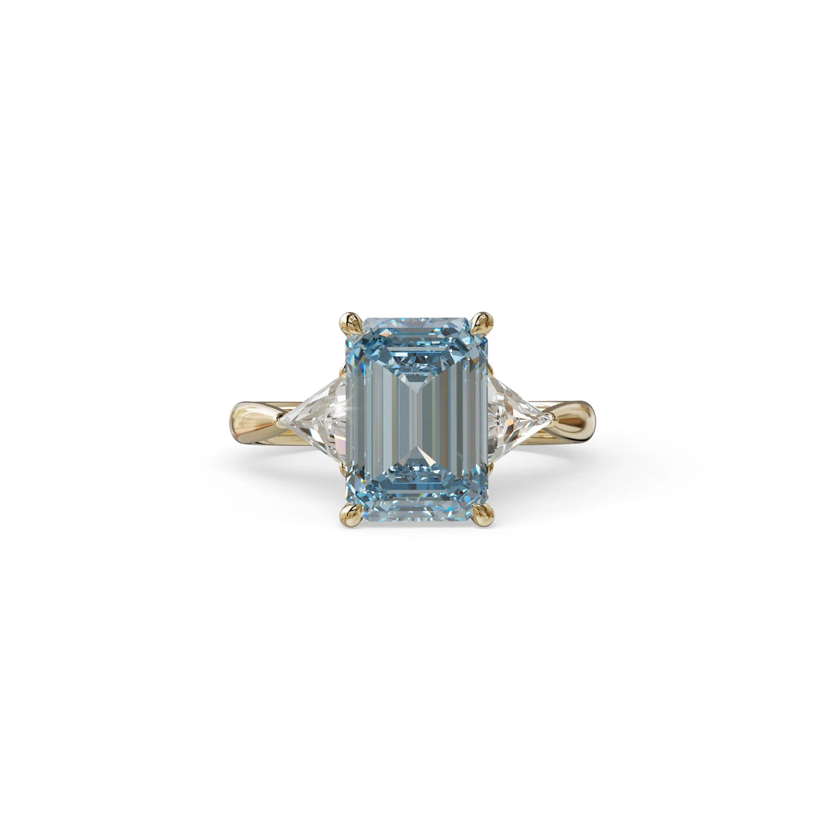 3Ct Vivid Blue Emerald Cut Lab Grown Diamond Three stone Engagement Ring - Polaris - 10K Solid Gold / Yellow Gold