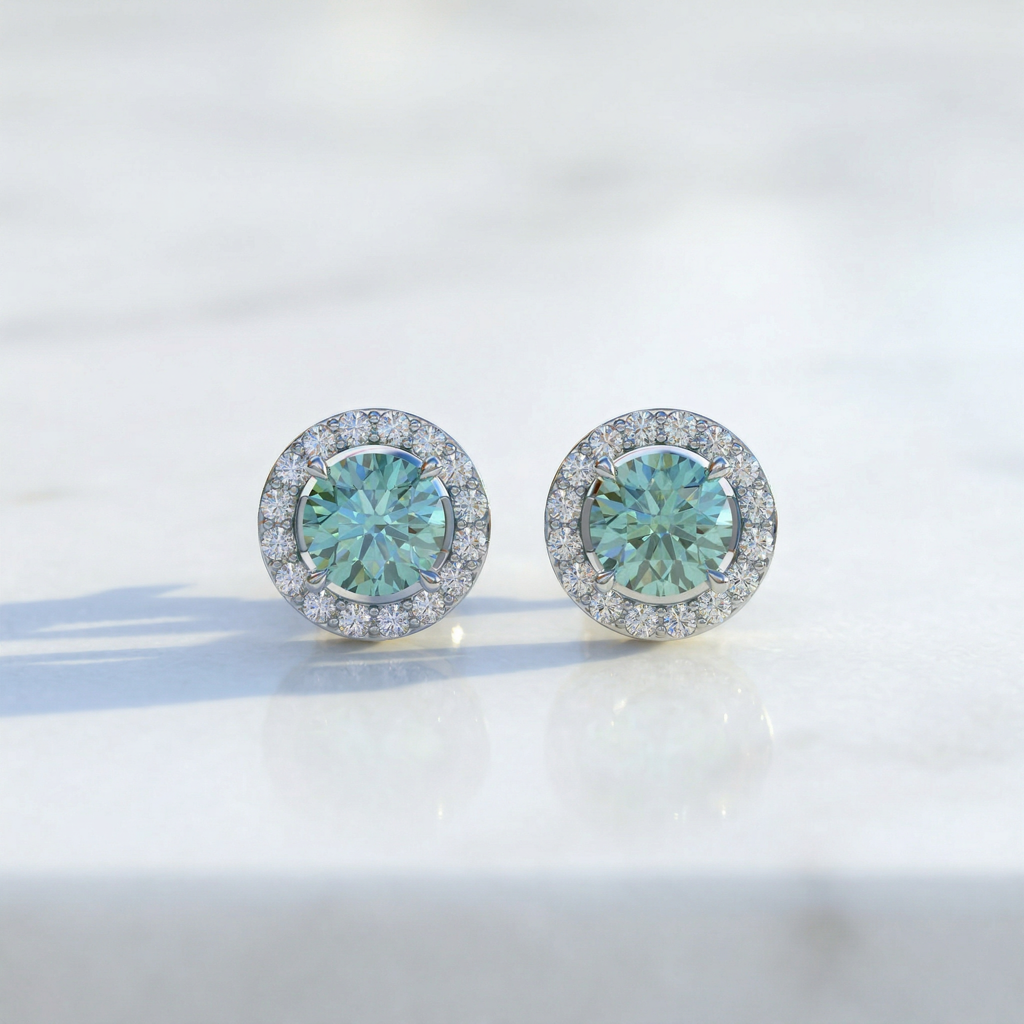 Ciera - Green Color Round Diamond Stud Earrings | Halo Setting | Certified
