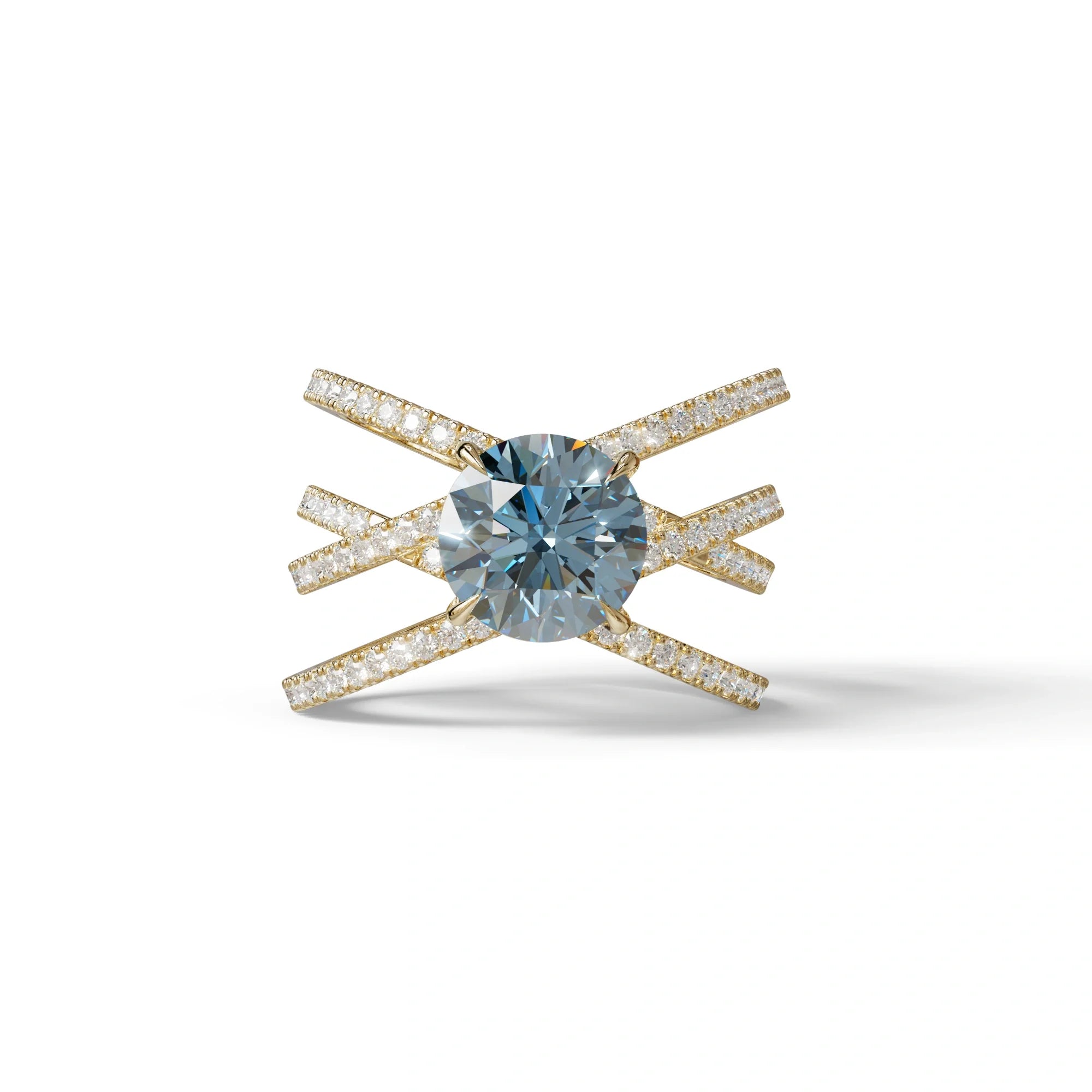 1.5 Carat Blue Round Cut Criss Cross Lab Diamond Ring - Elegant - 10K Solid Gold / Yellow Gold