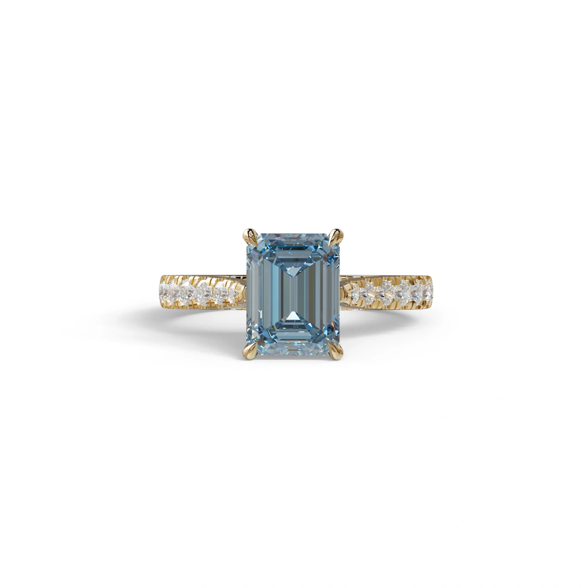 2 Carat Blue Emerald Cut Hidden Halo & Pave Lab Diamond Ring - Siara - 10K Solid Gold / Yellow Gold