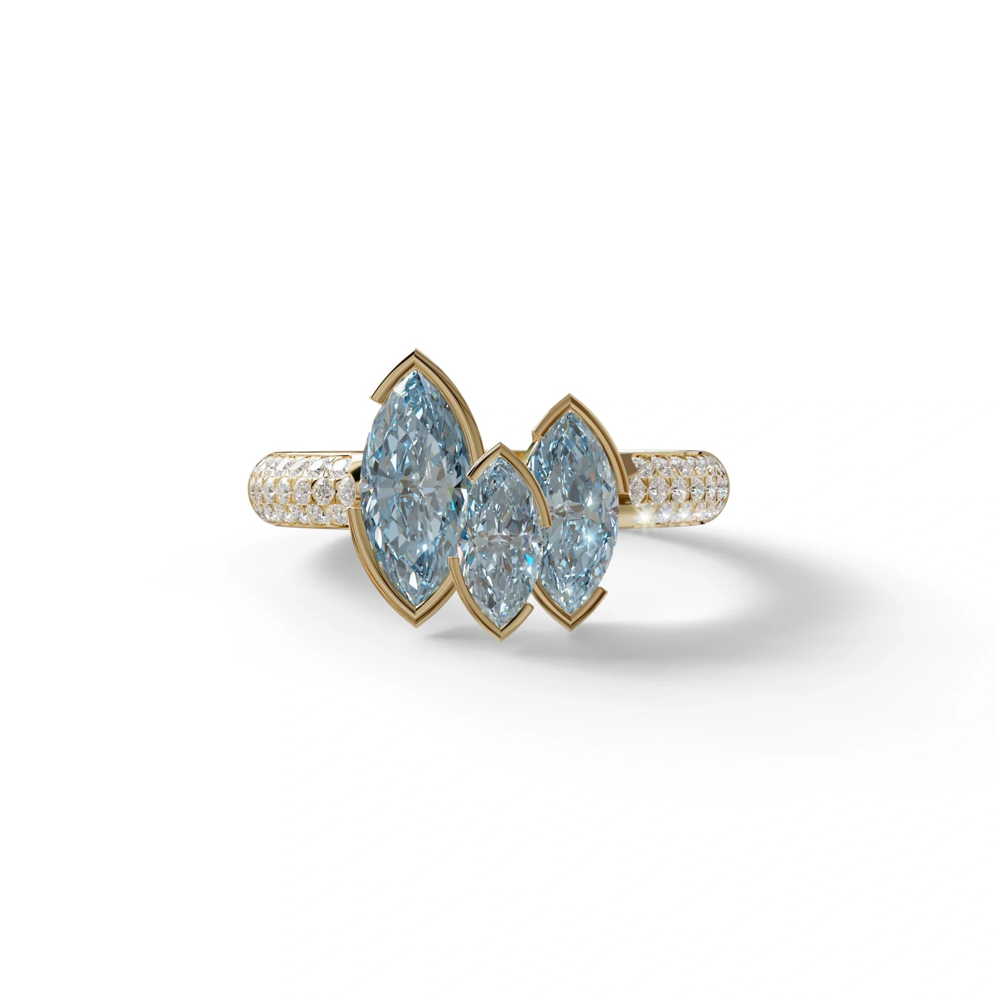 3 Stone 1.75 Ct Blue Marquise Cut Pave Setting Lab Diamond Ring - Dutch - 10K Solid Gold / Yellow Gold