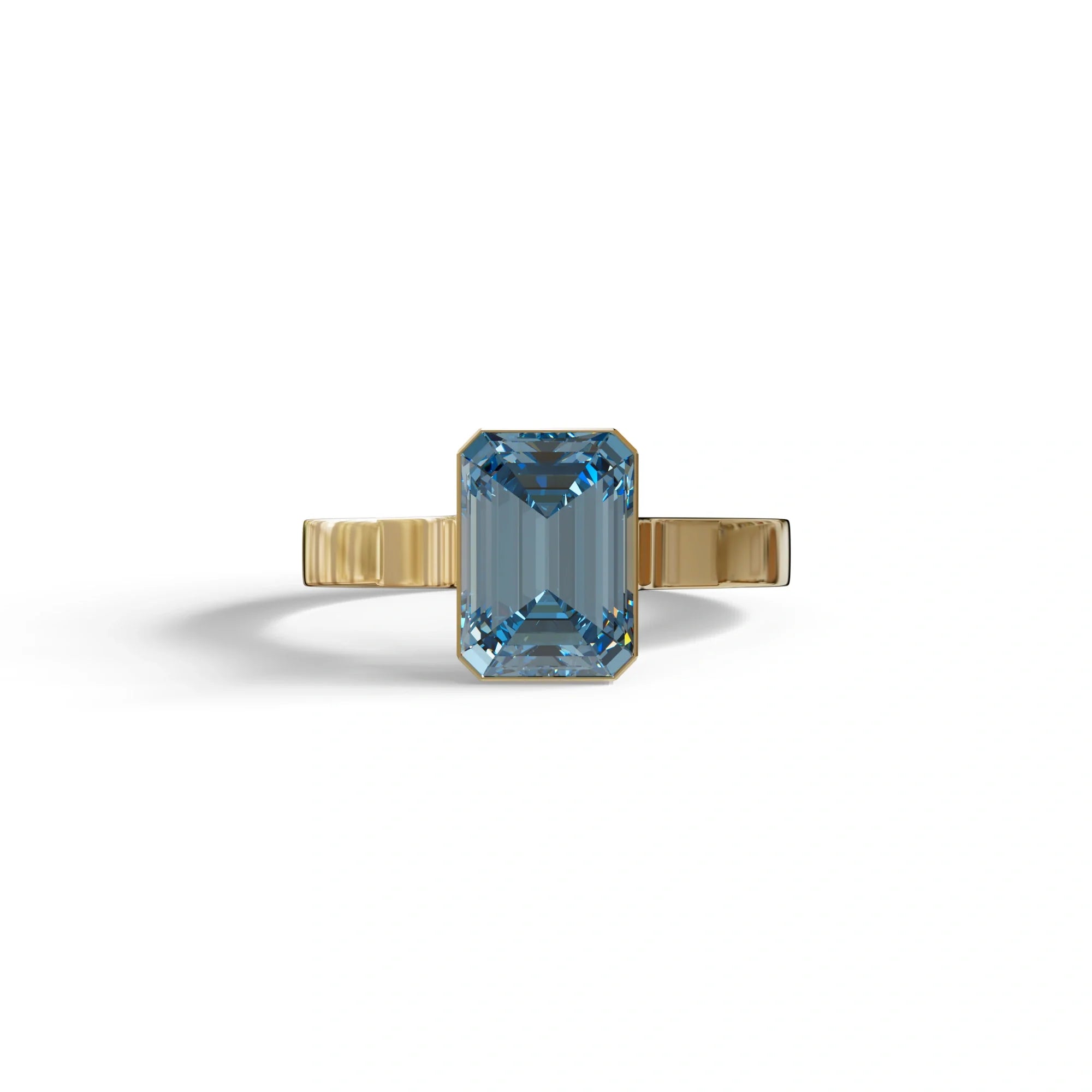 3 Carat Fancy Vivid Blue Emerald cut bezel Setting Ring - Zelora - 10K Solid Gold / Yellow Gold