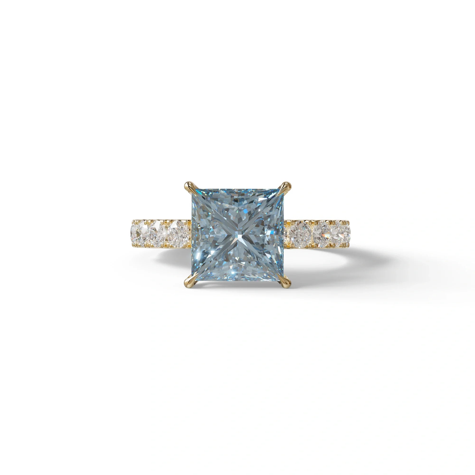 3 Carat Fancy Vivid Blue Princess Cut Pave Lab Created Diamond Ring - Elysia - 10K Solid Gold / Yellow Gold
