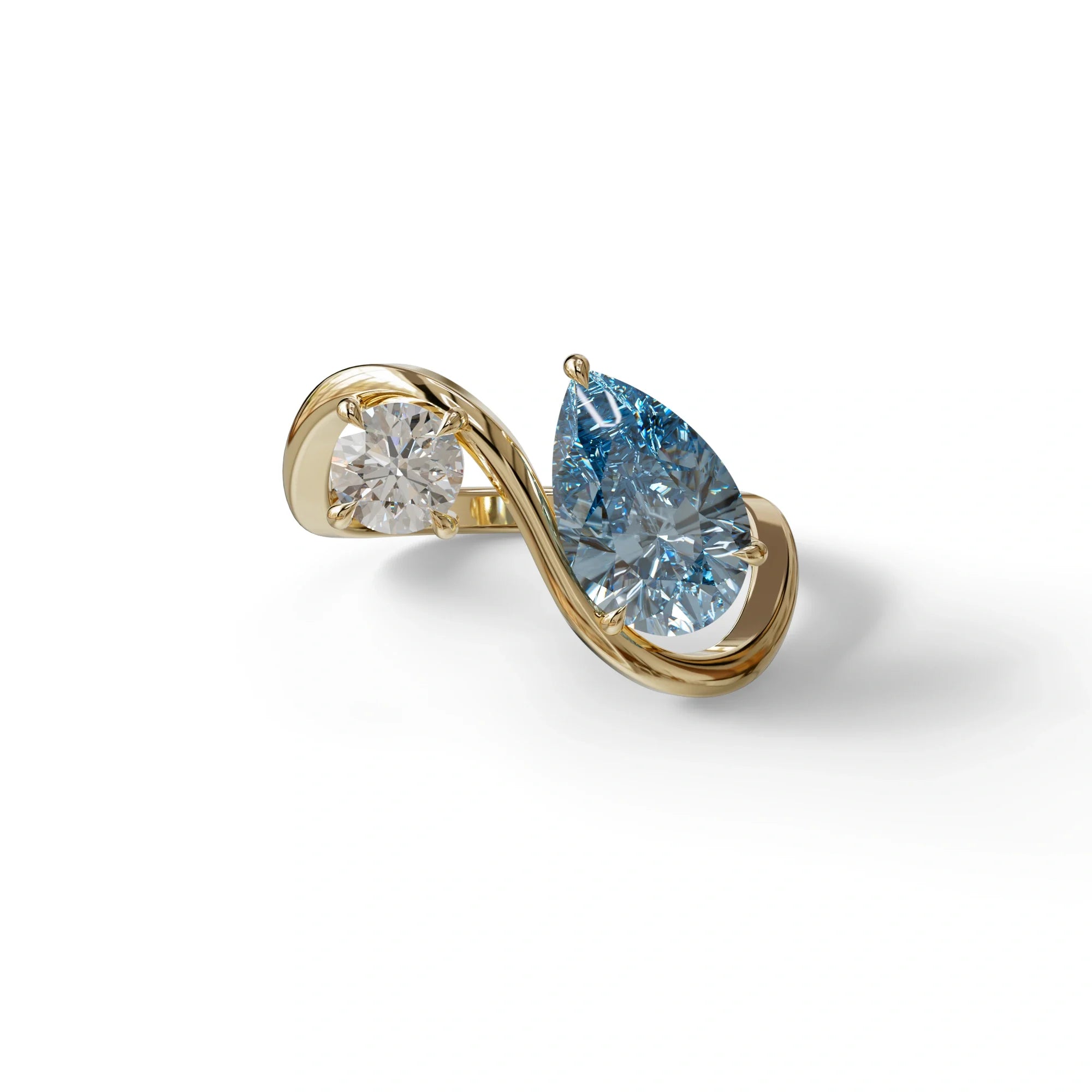 2.8 Carat Blue Pear and Round Cut Lab Diamond Engagement Ring - Toi Et Moi - 10K Solid Gold / Yellow Gold