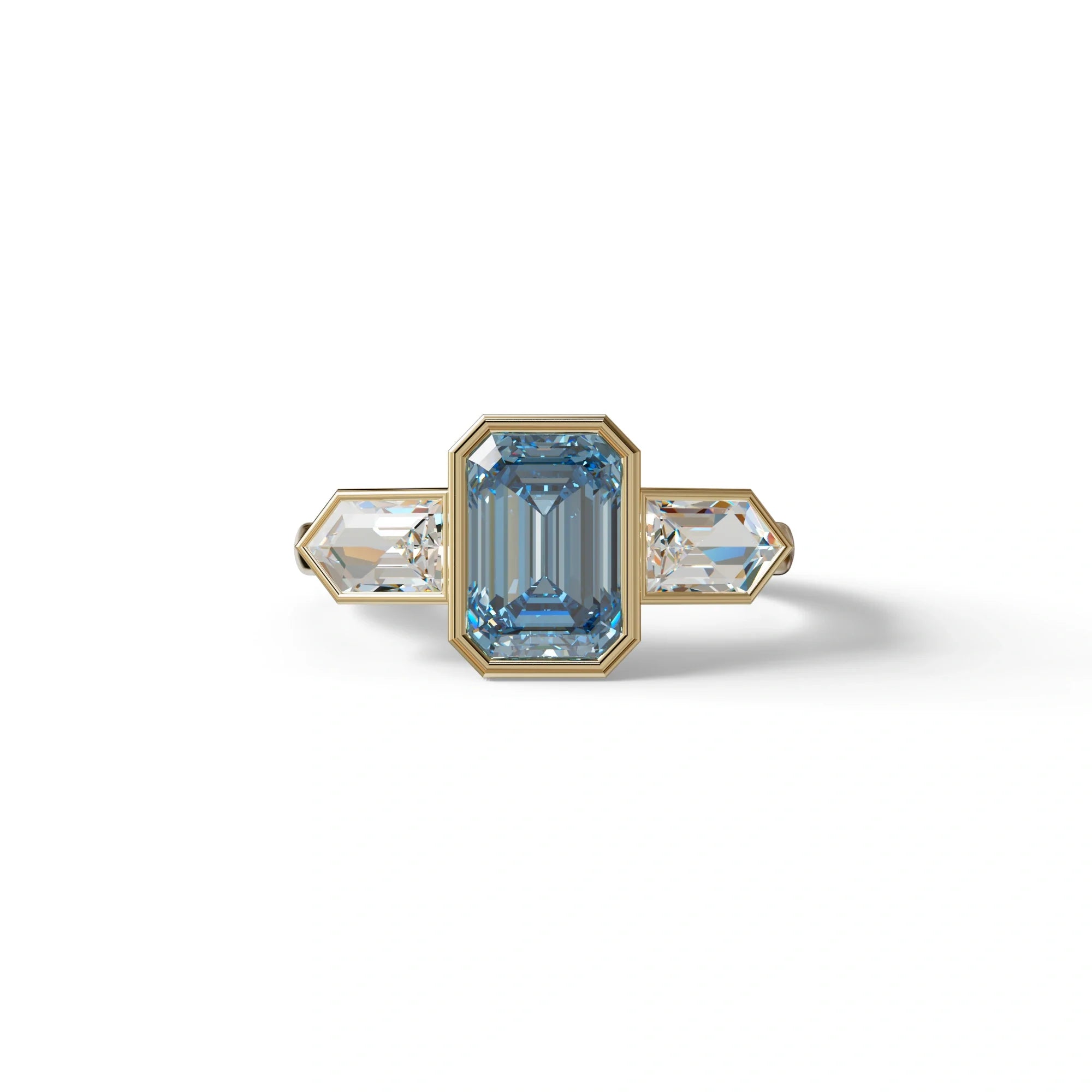3 Ct Fancy Vivid Blue Emerald Cut Lab Diamond Ring - Lumons - 10K Solid Gold / Yellow Gold