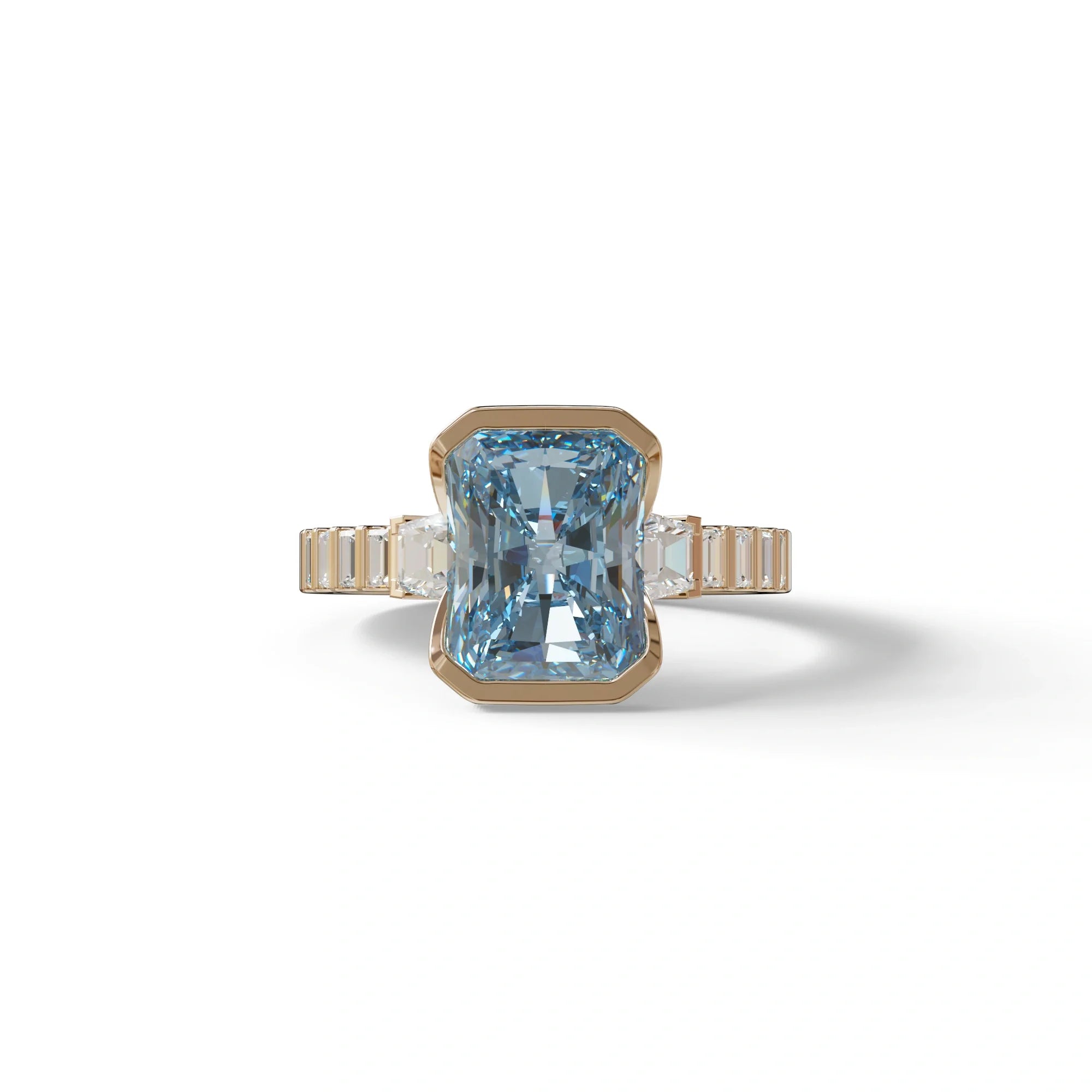 3 Carat Fancy Vivid Blue Radiant Cut Lab Diamond Engagement Ring | Three Stone Bezel Set Ring- Adiamor - 10K Solid Gold