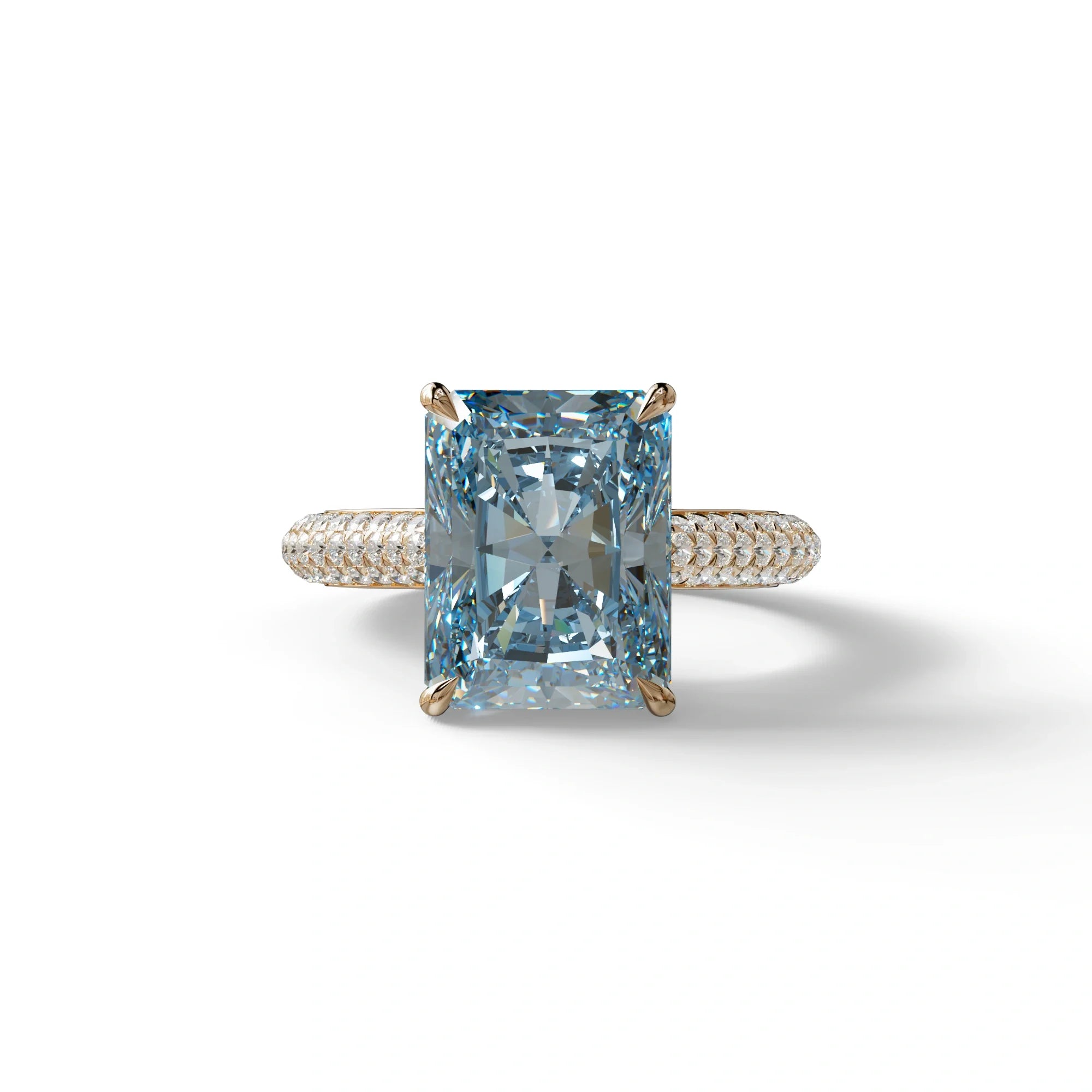 3 Carat Blue Radiant Cut Hidden Halo & Pave Set Lab Diamond Ring - Riviera - 10K Solid Gold / Rose Gold