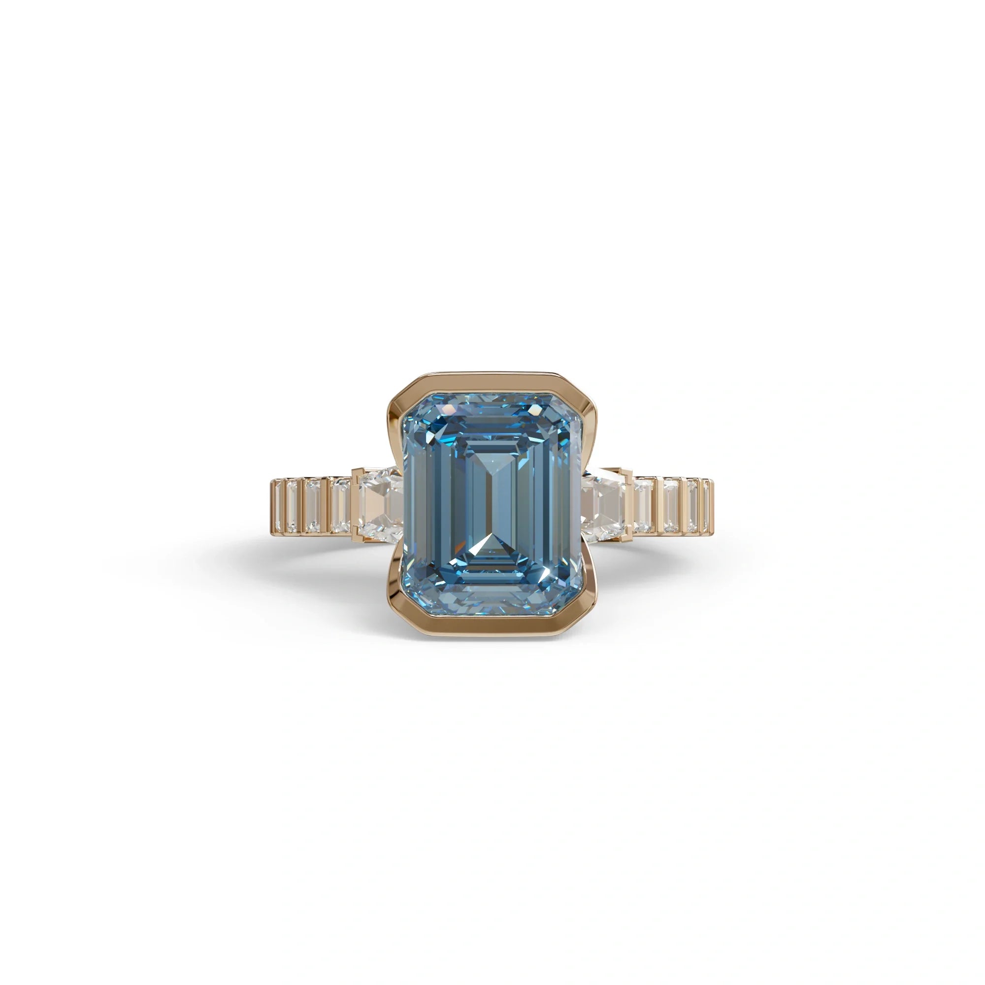 3 Carat Blue Color Emerald Cut Three Stone Lab Diamond Engagement Ring | Bezel Setting Ring - Gatsby - 10K Solid Gold