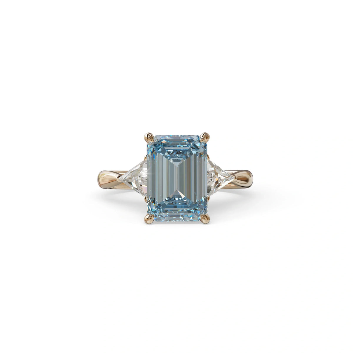 3Ct Vivid Blue Emerald Cut Lab Grown Diamond Three stone Engagement Ring - Polaris - 10K Solid Gold / Rose Gold