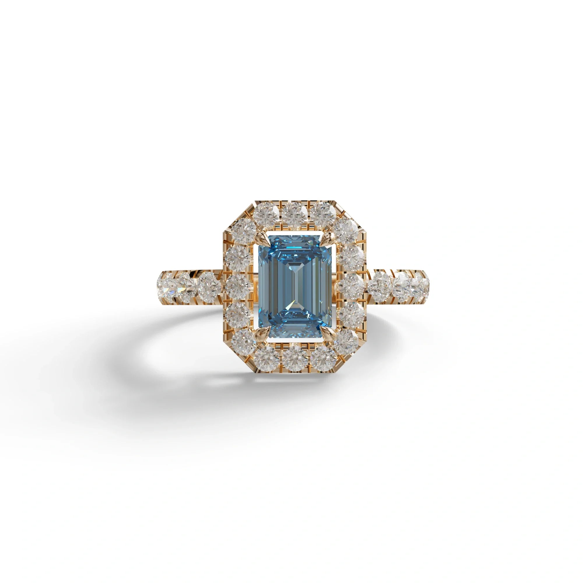 1 Carat Fancy Vivid Blue Emerald Cut Lab Diamond Halo Engagement Ring - Freesia - 10K Solid Gold / Rose Gold