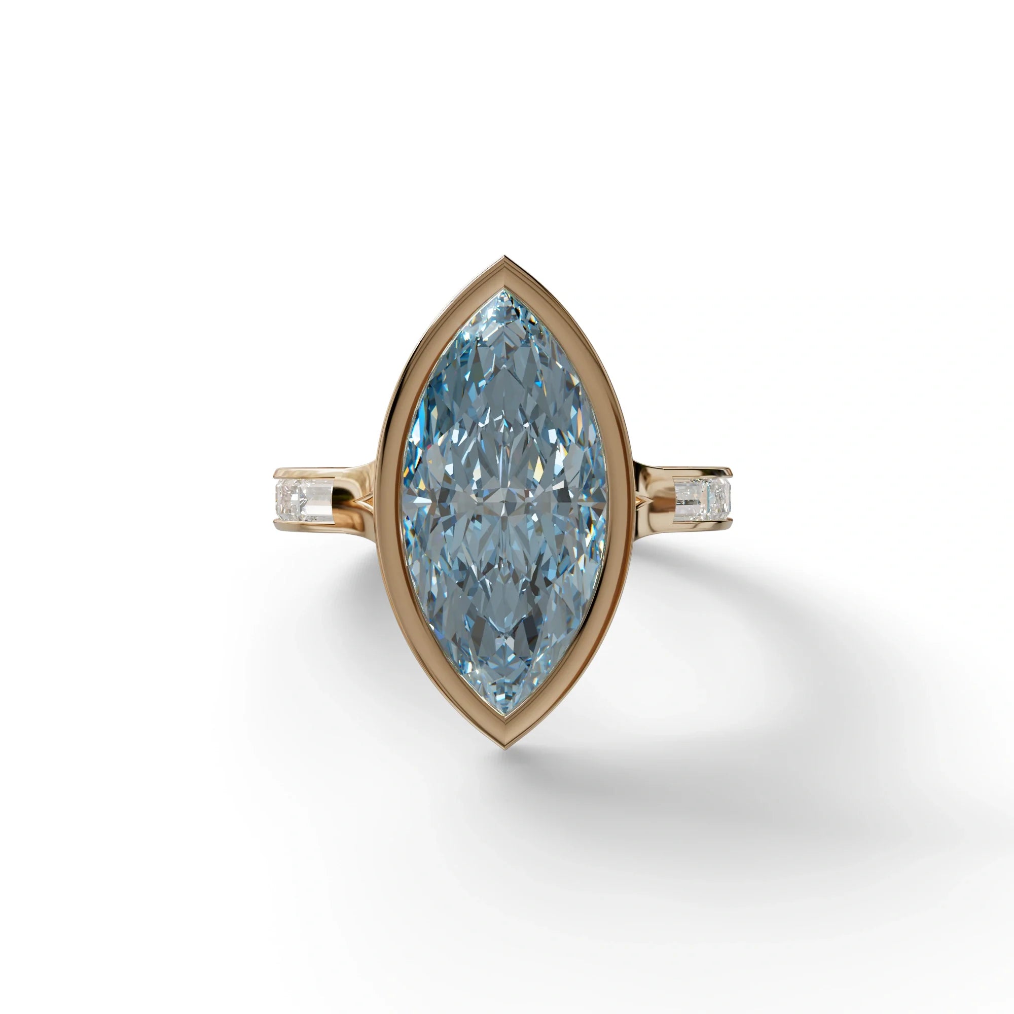 3 Ct Marquis Cut Blue Color Lab Diamond Ring With Bezel Set - Kayla - 10K Solid Gold / Rose Gold
