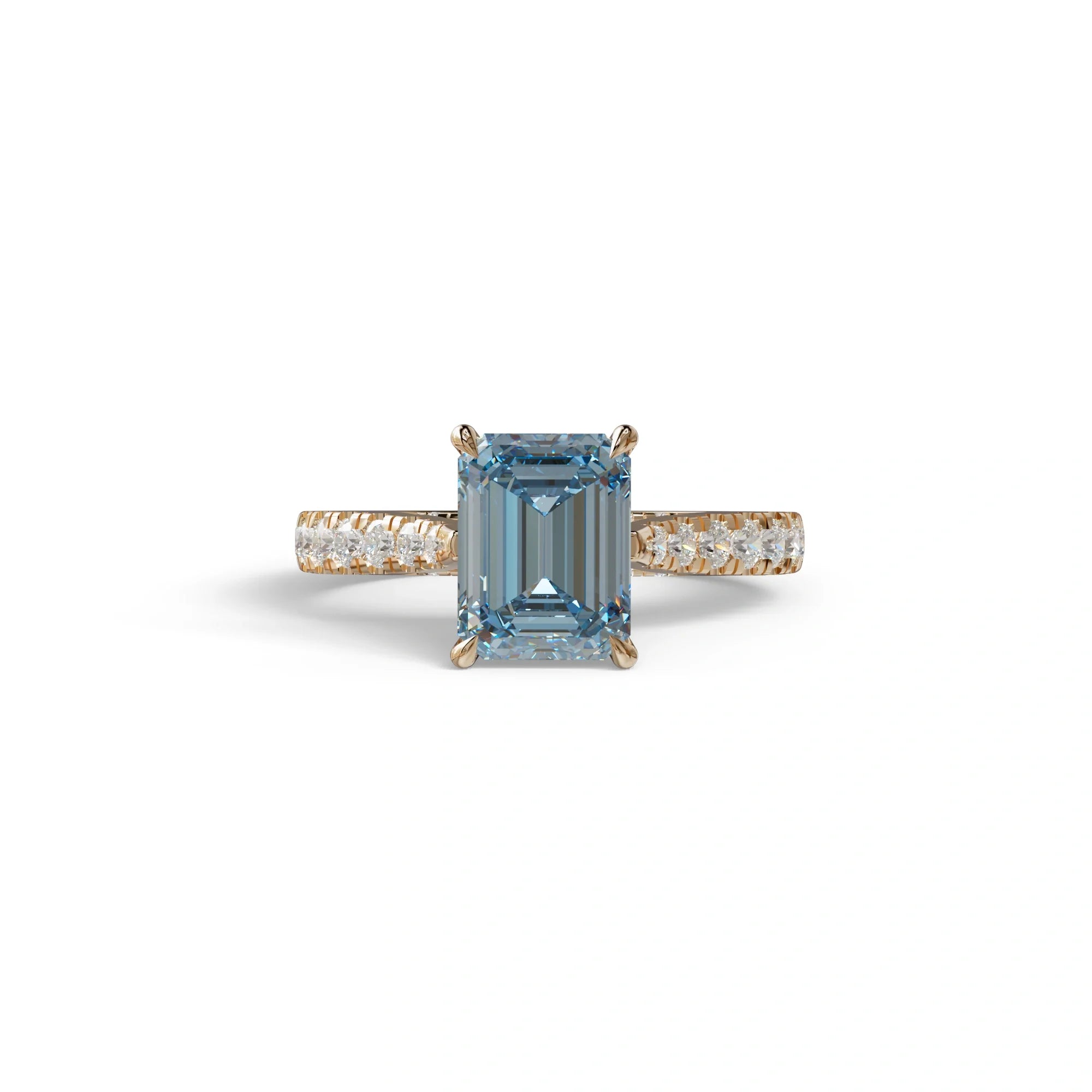 2 Carat Blue Emerald Cut Hidden Halo & Pave Lab Diamond Ring - Siara - 10K Solid Gold / Rose Gold