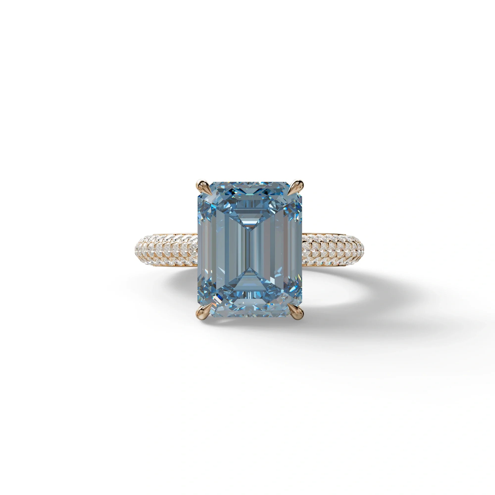 3 Carat Blue Emerald Cut Hidden Halo & Pave Set Lab Diamond Ring - Emme - 10K Solid Gold / Rose Gold