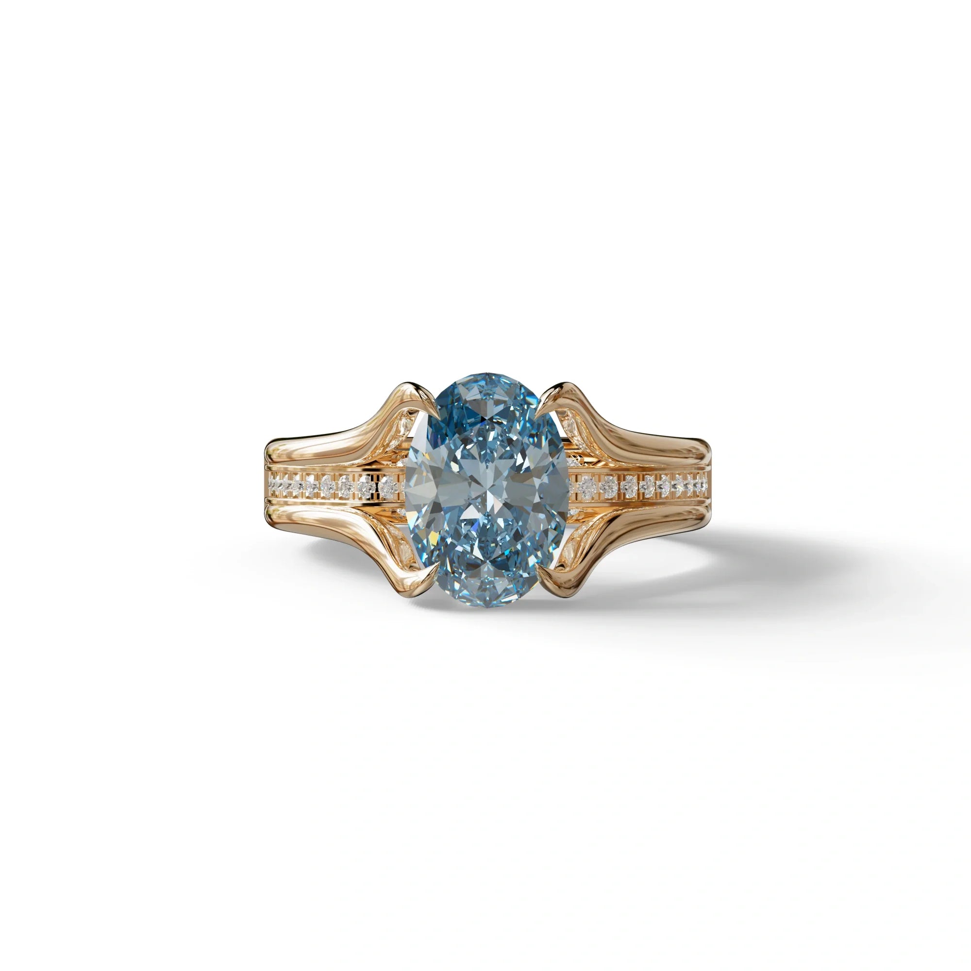 3 Carat Blue Oval Cut lab Diamond Engagement Ring Unique Design Ring- Beverly - 10K Solid Gold / Rose Gold