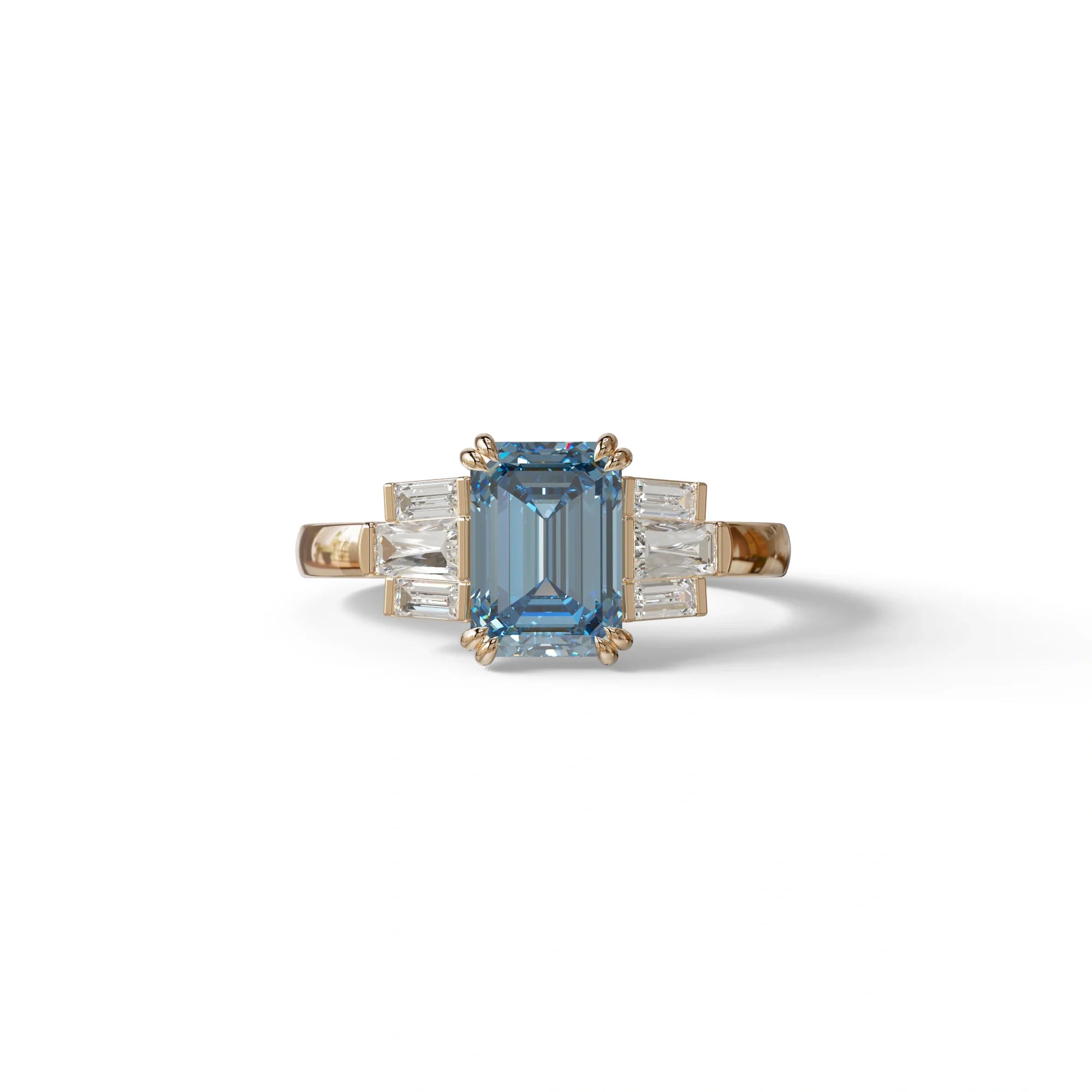 3 Carat Emerald Cut Blue Lab Diamond Engagement Ring - Leela - 10K Solid Gold / Rose Gold