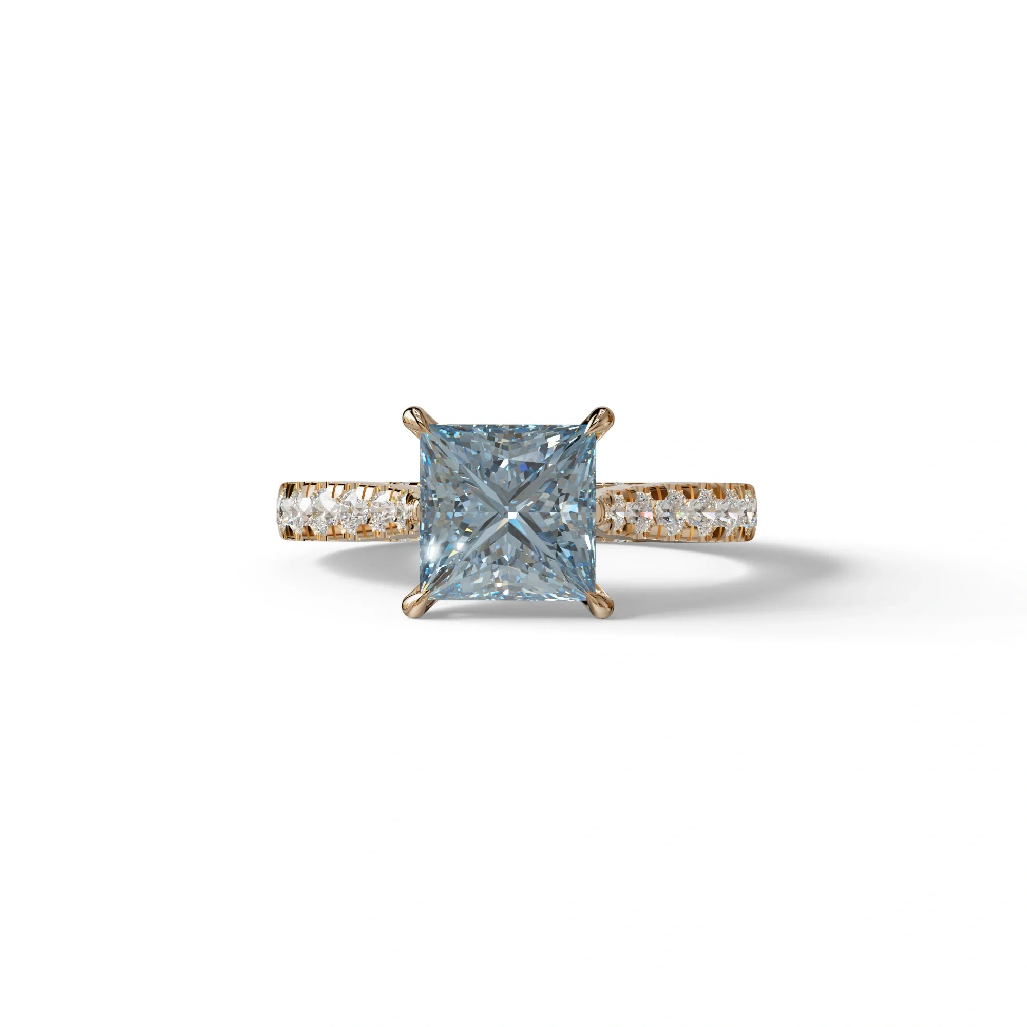 2.5 Carat Blue Princess Cut Hidden Halo & Pave Lab Diamond Ring - Aries - 10K Solid Gold / Rose Gold