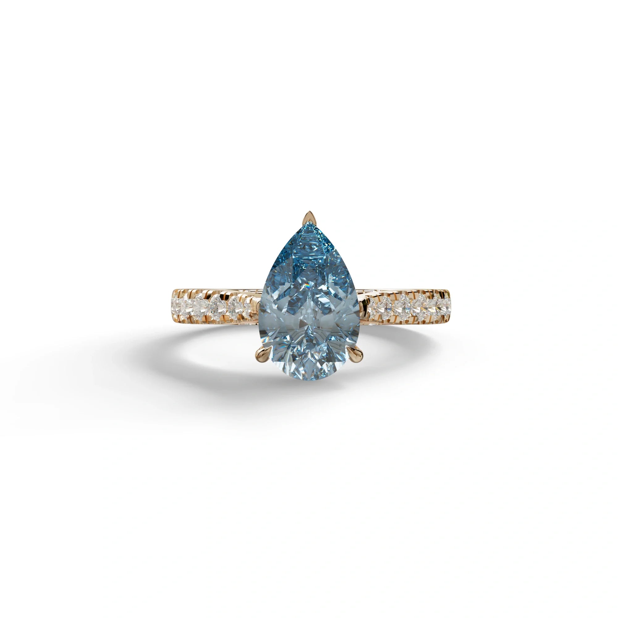 2 Carat Blue Pear Shaped Hidden Halo Lab Diamond Engagement Ring - Teardrop - 10K Solid Gold / Rose Gold
