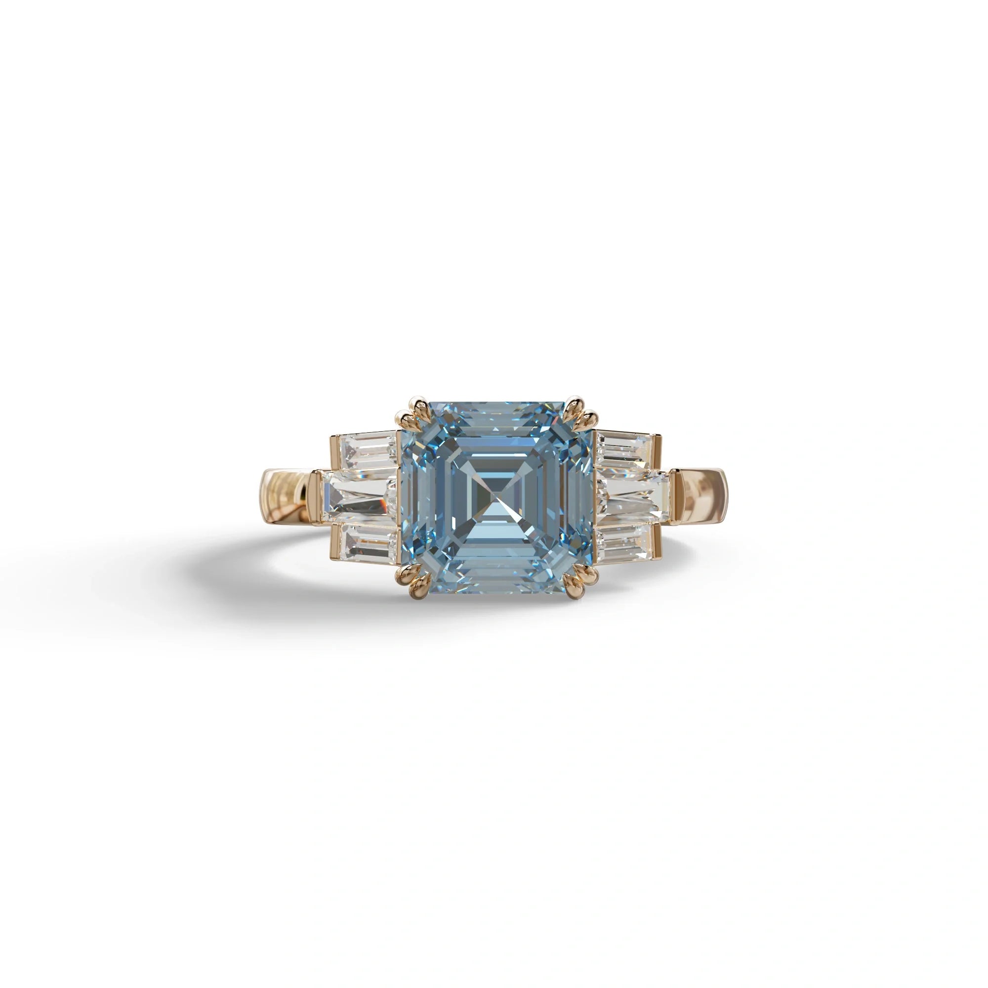 3 Ct Blue Asscher Cut Lab Diamond Double Claw Prong Setting Ring - Celestial - 10K Solid Gold / Rose Gold