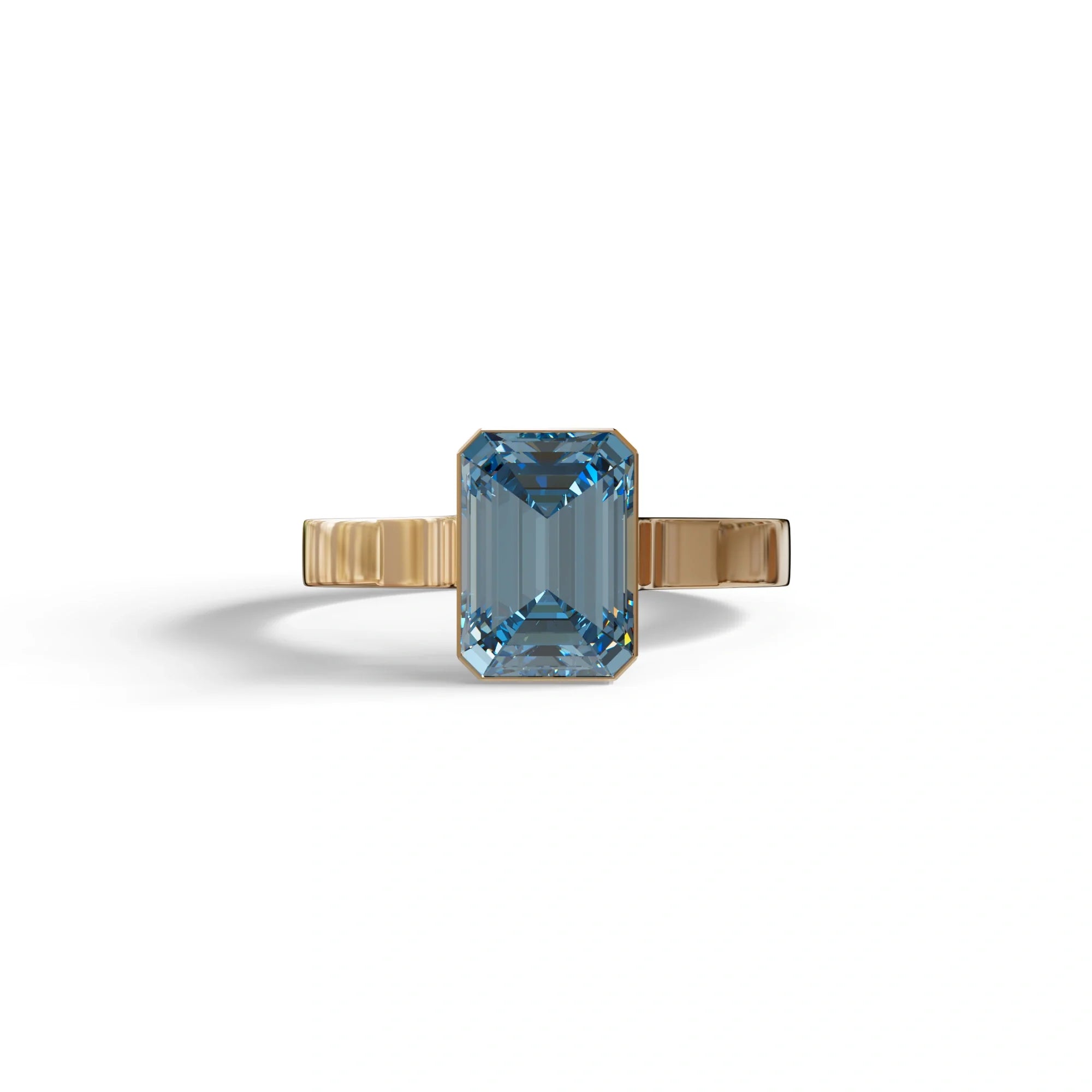 3 Carat Fancy Vivid Blue Emerald cut bezel Setting Ring - Zelora - 10K Solid Gold / Rose Gold