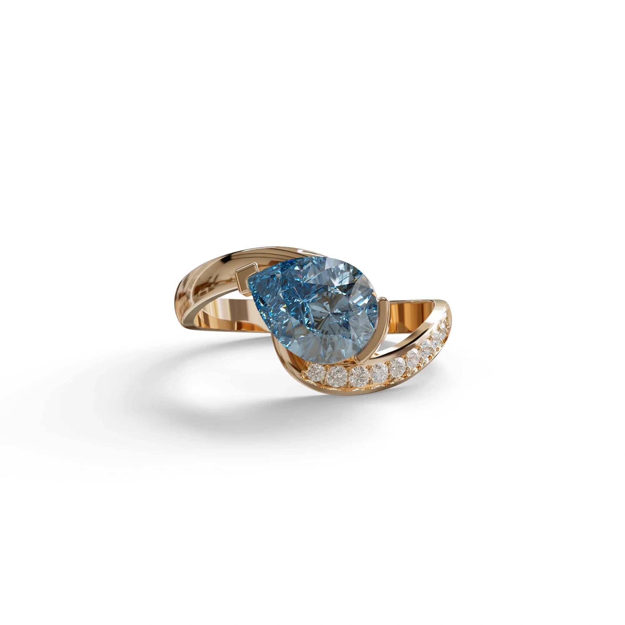 1 Carat Blue Pear Cut Unique Lab Grown Diamond Ring - Capricorn - 10K Solid Gold / Rose Gold