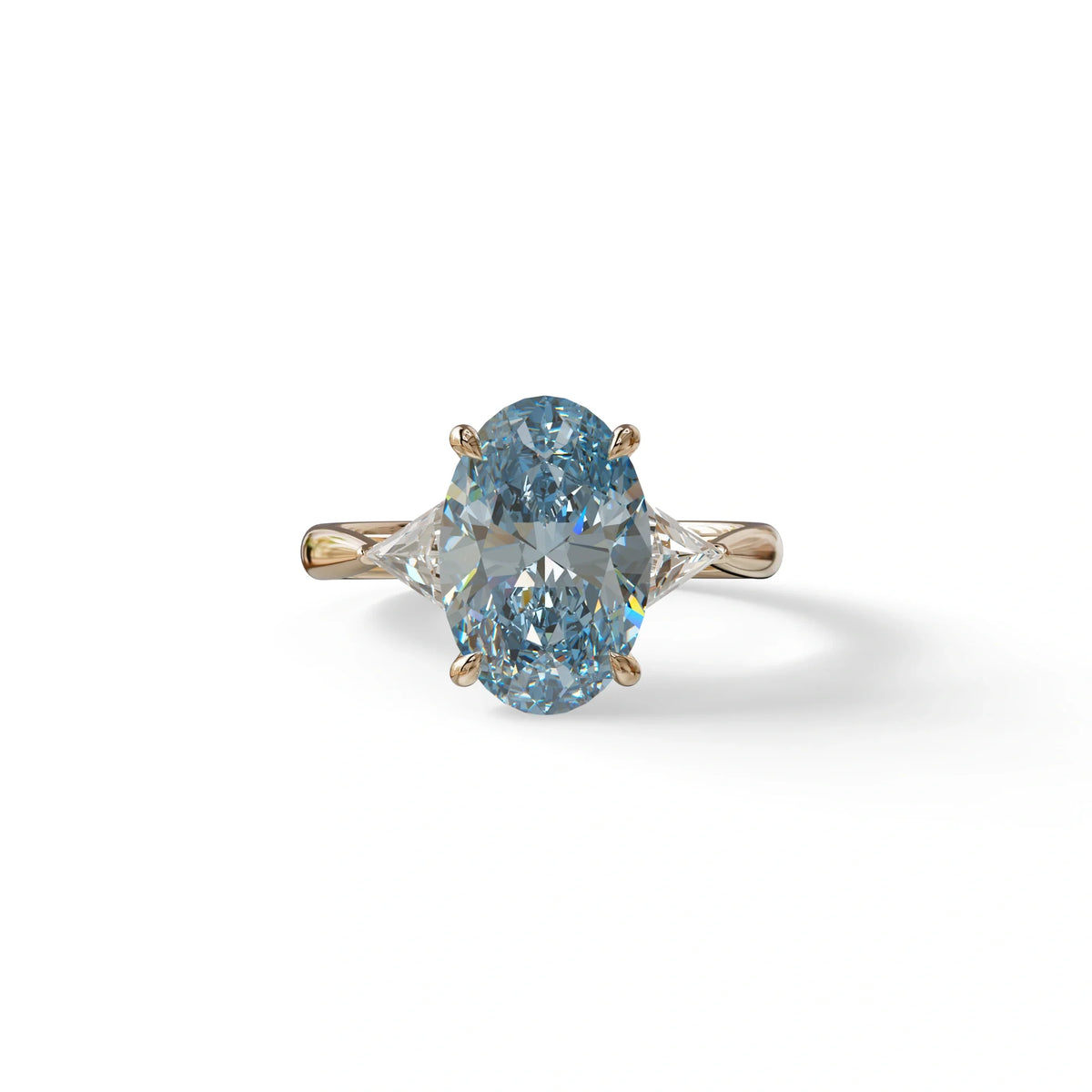 3Ct Blue Oval Cut Lab Grown Diamond Three Stone Engagement Ring - Myza - 10K Solid Gold / Rose Gold