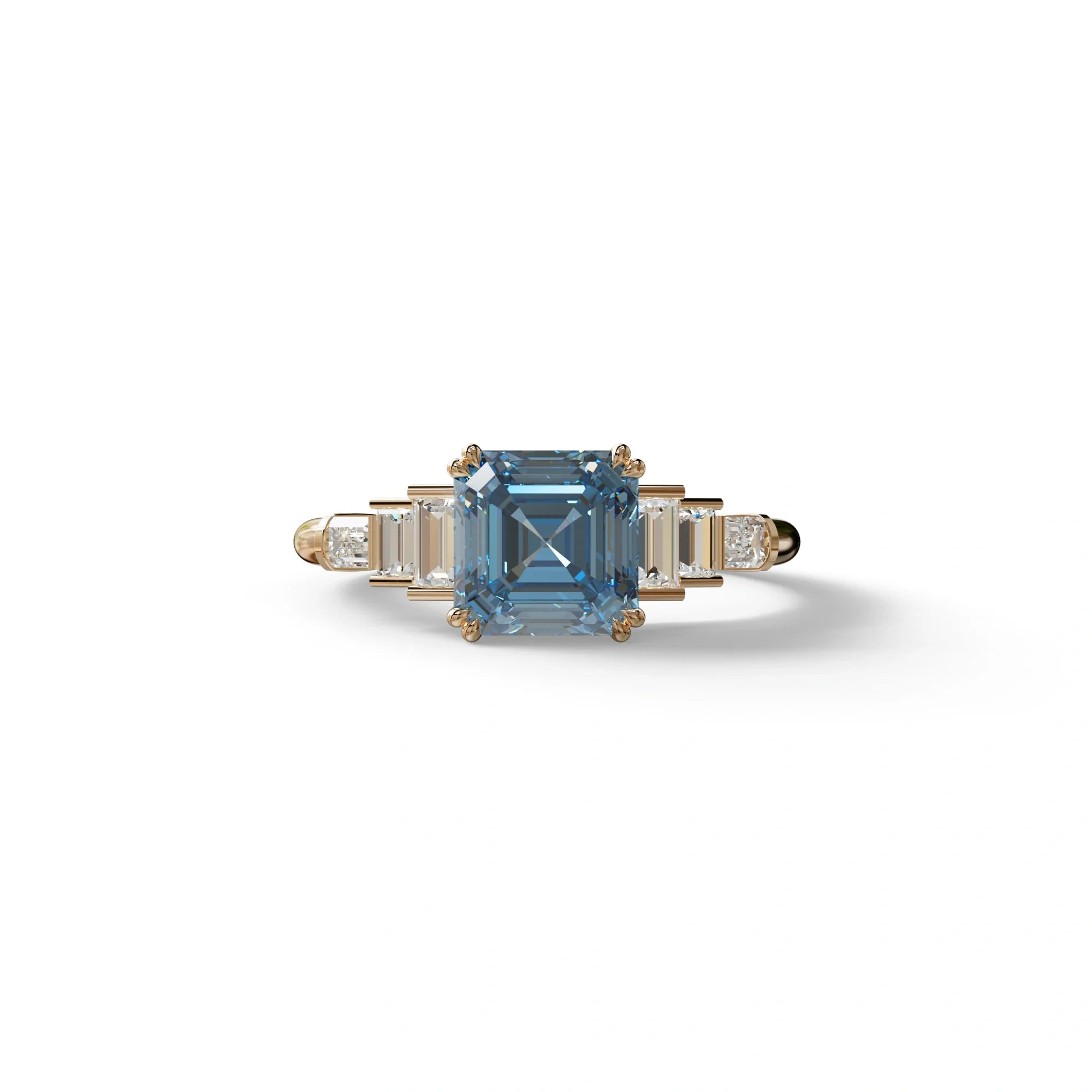 3 Carat Fancy Vivid Blue Asscher Three Stone Lab grown Diamond Ring - Vetra - 10K Solid Gold / Rose Gold