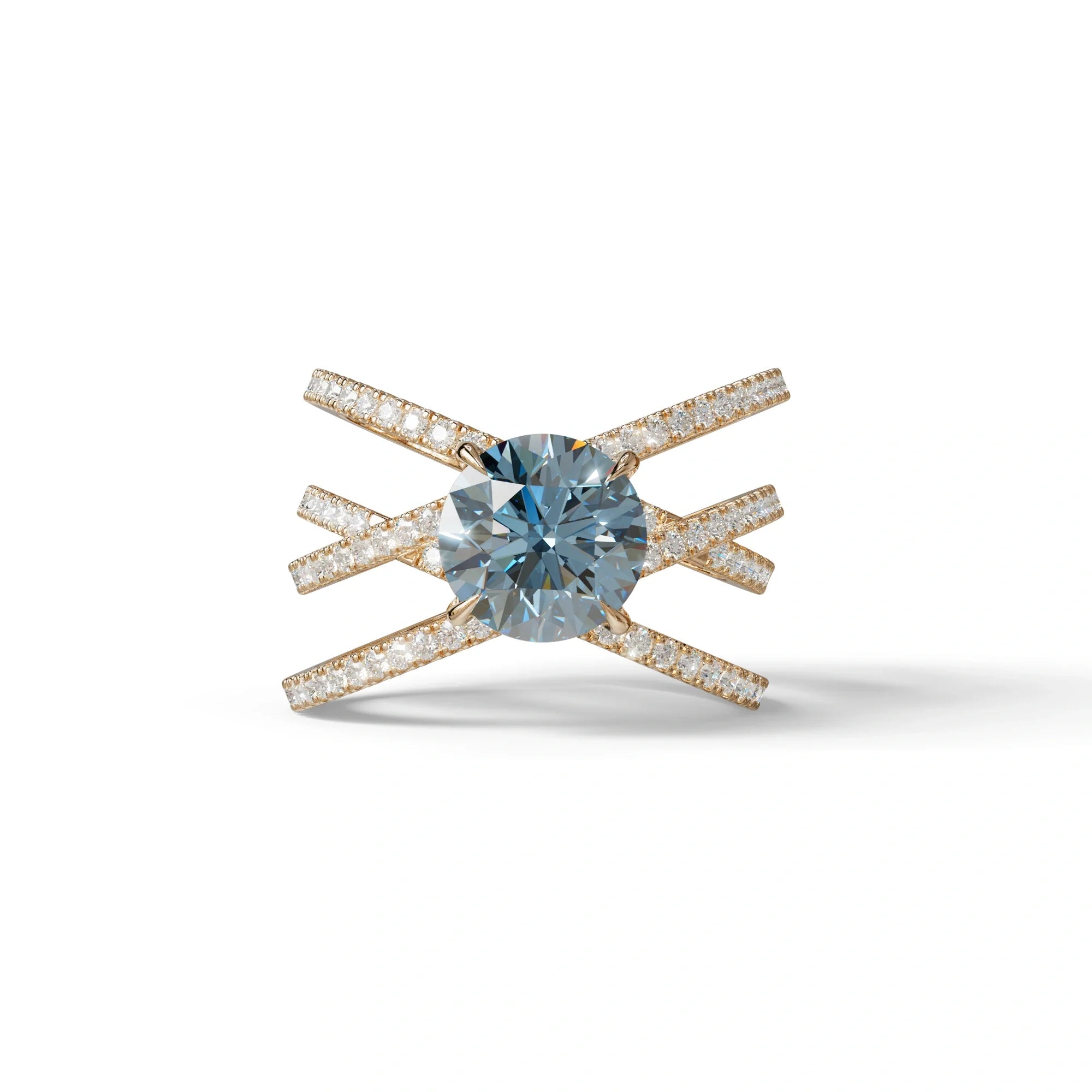1.5 Carat Blue Round Cut Criss Cross Lab Diamond Ring - Elegant - 10K Solid Gold / Rose Gold