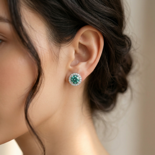 Ciera - Green Color Round Diamond Stud Earrings | Halo Setting | Certified