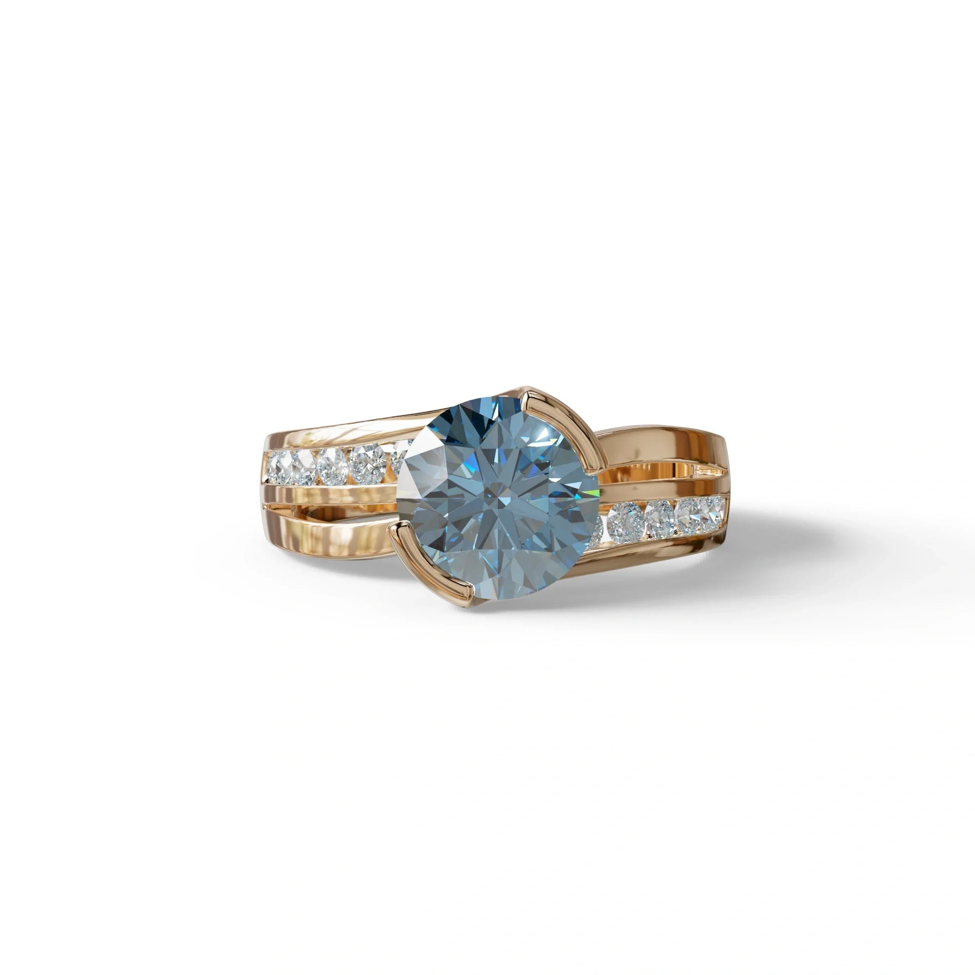 2 Carat Blue Round Shaped Channel Set Lab Diamond Engagement Ring - Avonlea - 10K Solid Gold / Rose Gold