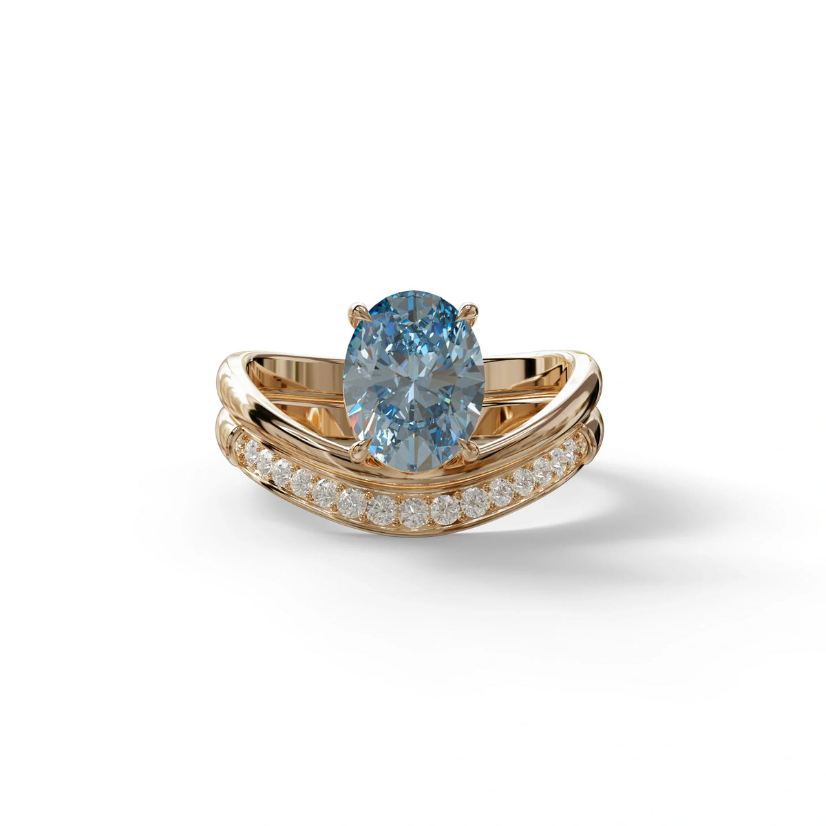 2 Carat Fancy Blue Oval Cut Lab Grown Diamond Ring | Curve Setting - Brilliance - 10K Solid Gold / Rose Gold